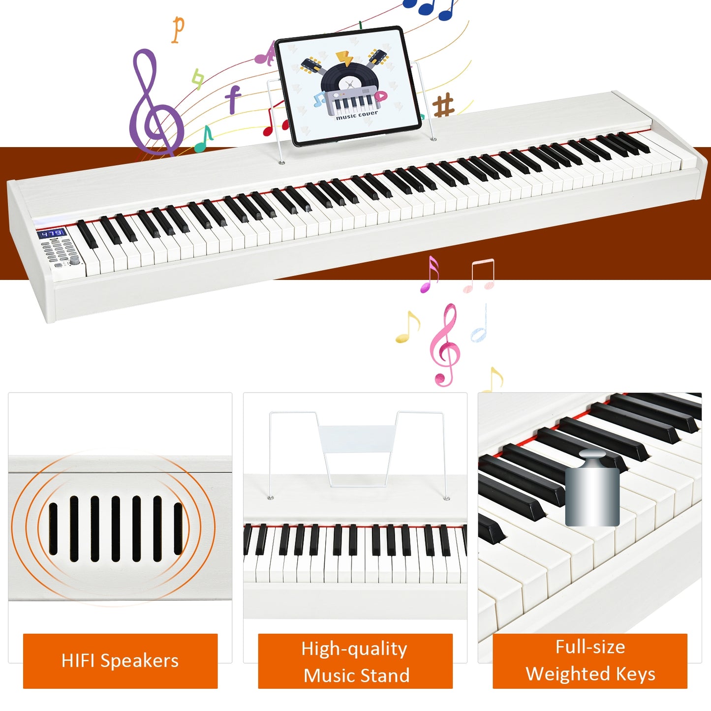 88-Key Full Size Digital Piano Weighted Keyboard with Sustain Pedal-White Kids Crystal