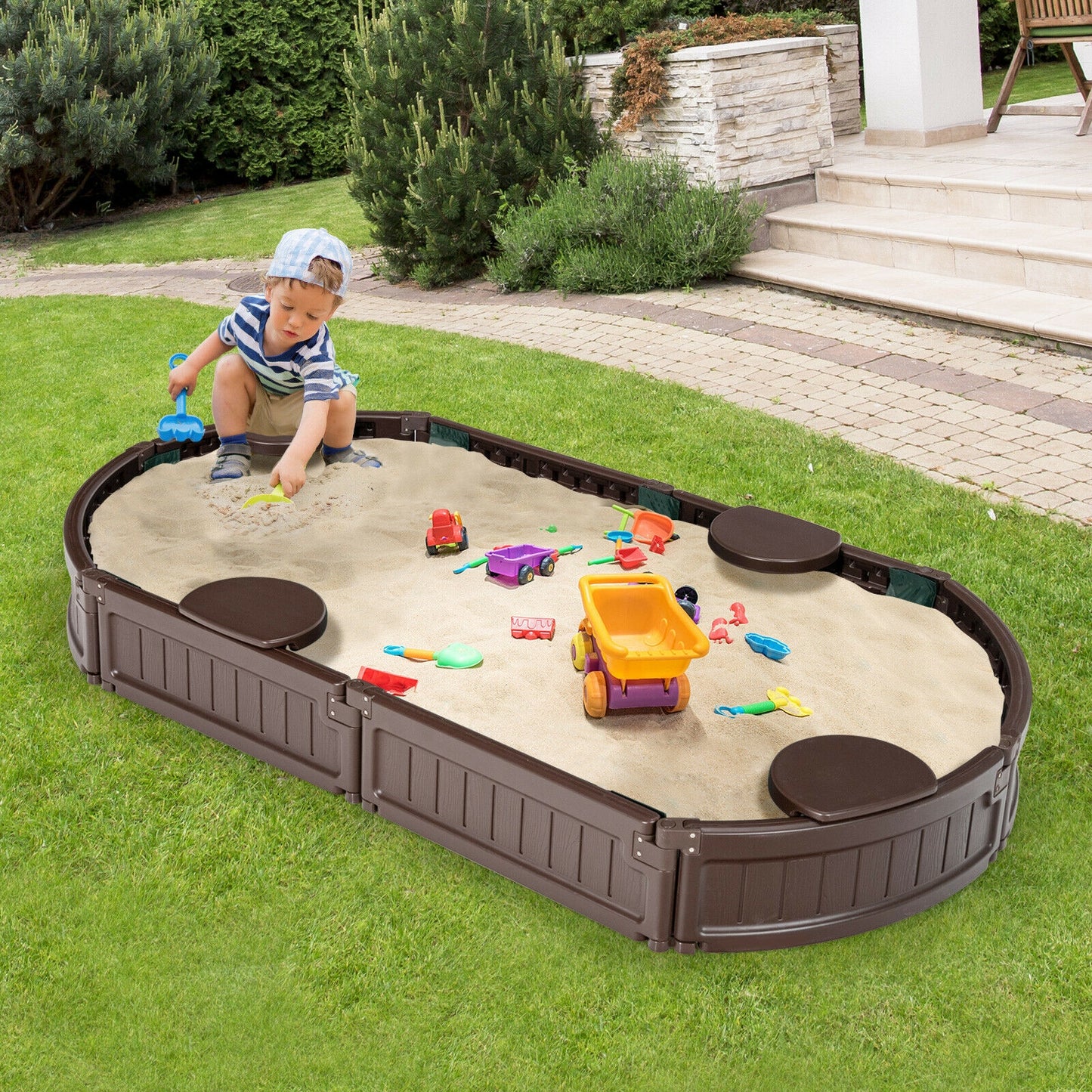 Sandbox with Built-in Corner Seat and Bottom Liner-Brown Kids Crystal