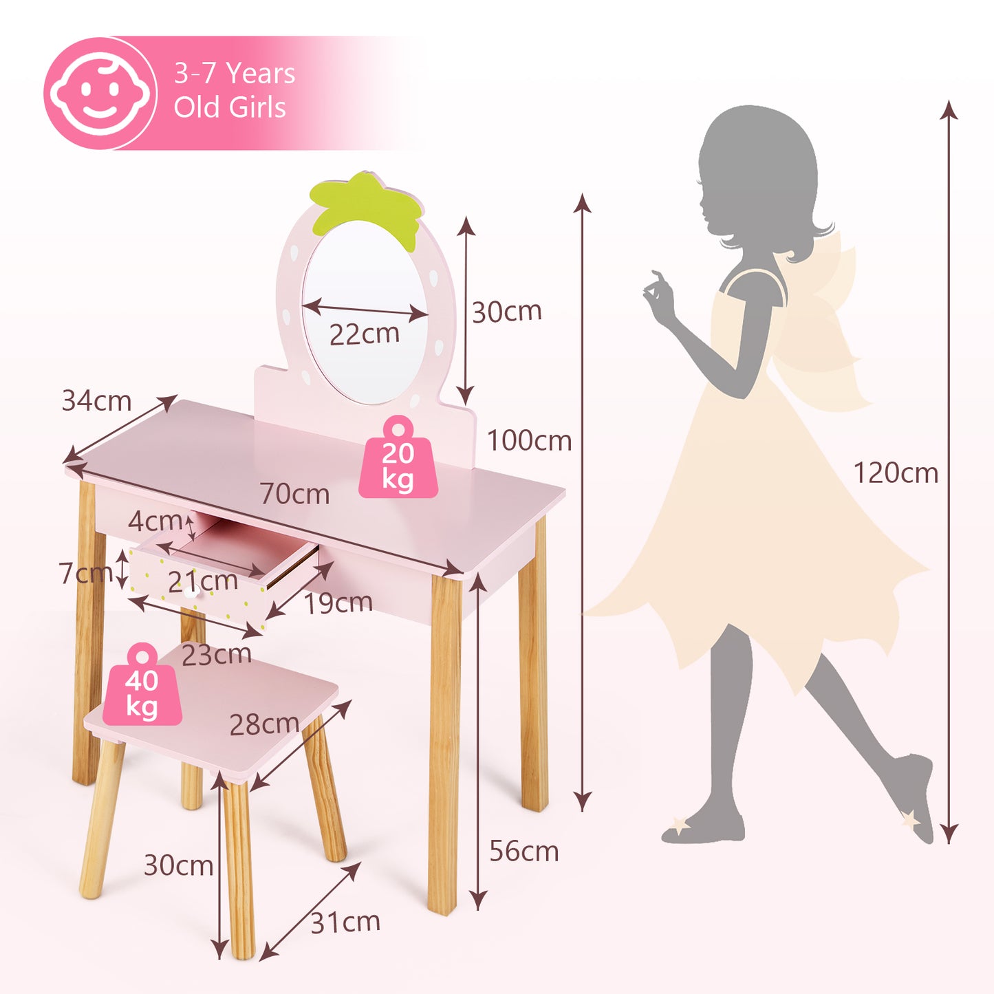 2-in-1 Children Vanity Table Stool Set with Mirror-Pink Kids Crystal