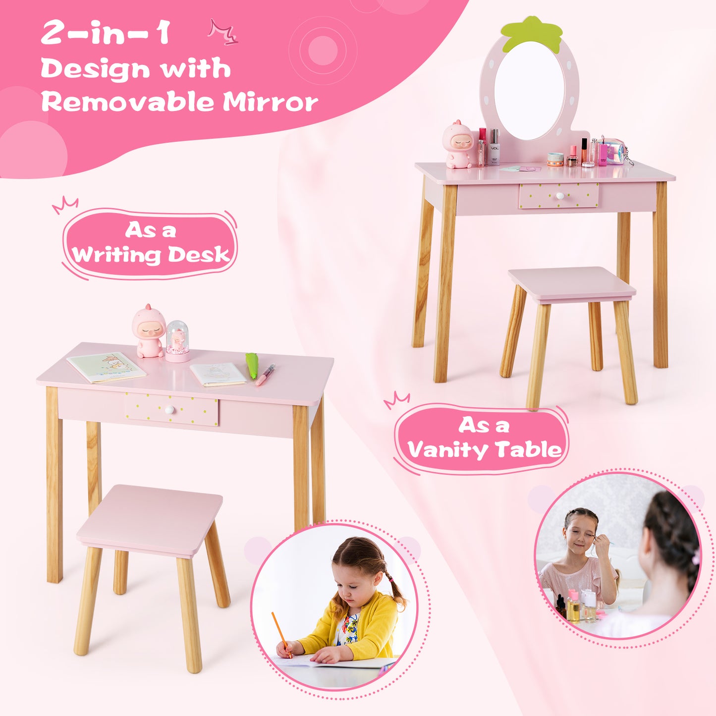 2-in-1 Children Vanity Table Stool Set with Mirror-Pink Kids Crystal