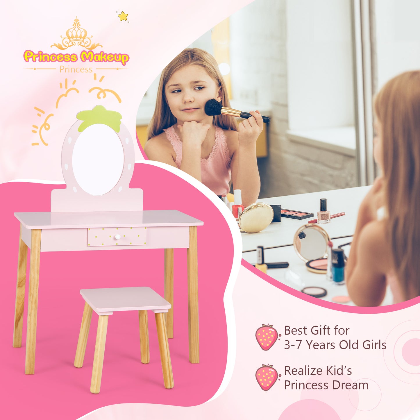 2-in-1 Children Vanity Table Stool Set with Mirror-Pink Kids Crystal