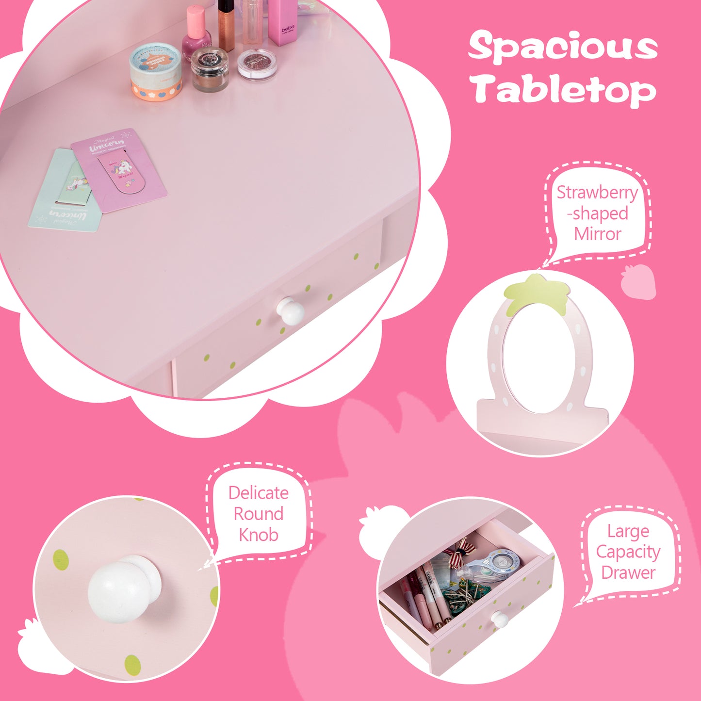 2-in-1 Children Vanity Table Stool Set with Mirror-Pink Kids Crystal