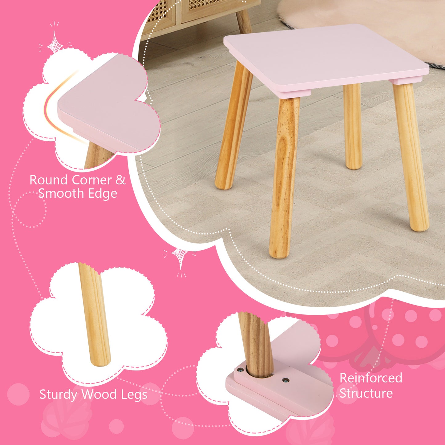 2-in-1 Children Vanity Table Stool Set with Mirror-Pink Kids Crystal