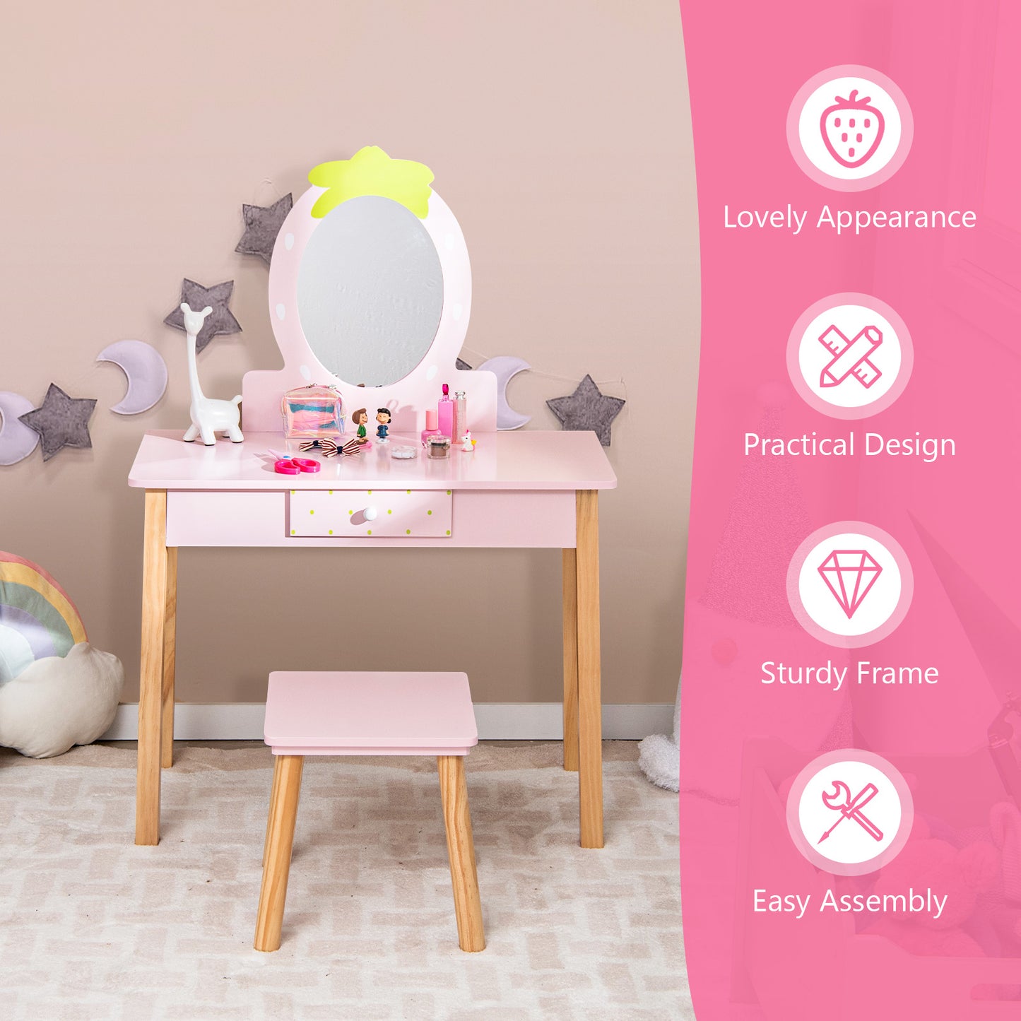 2-in-1 Children Vanity Table Stool Set with Mirror-Pink Kids Crystal