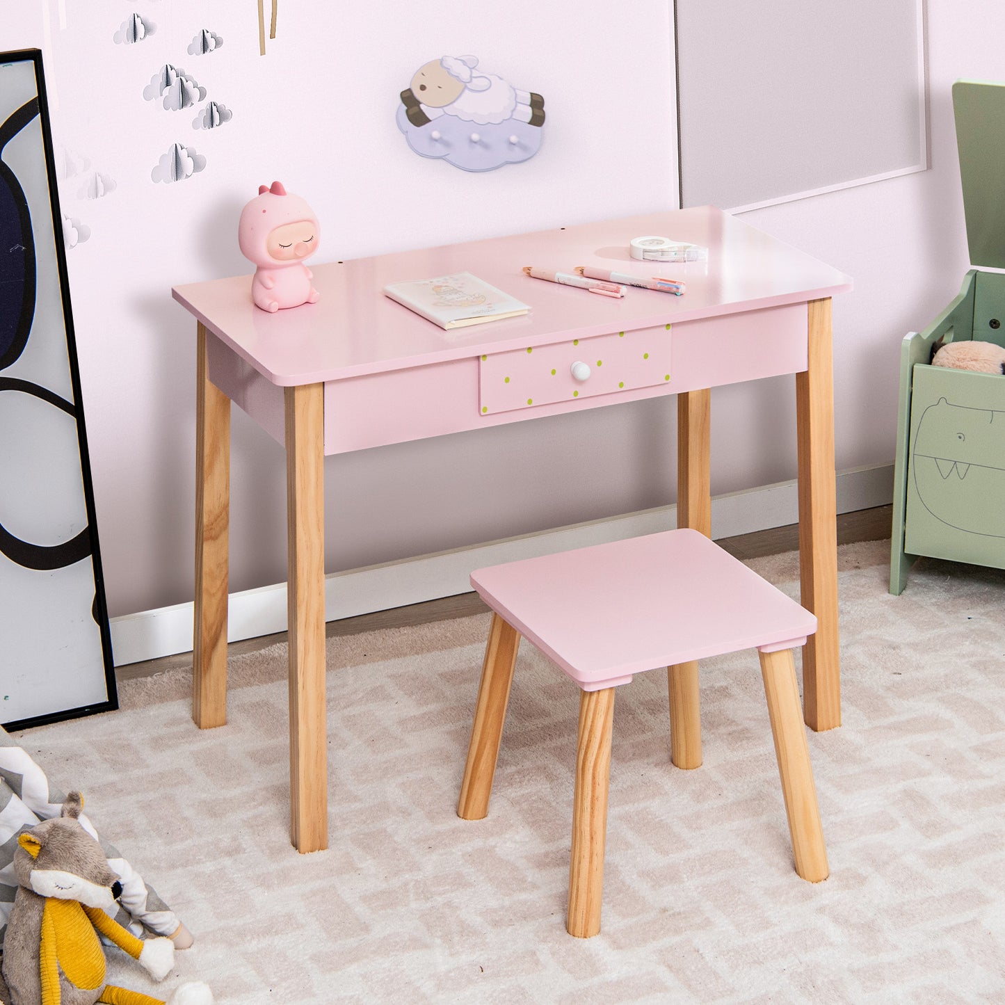 2-in-1 Children Vanity Table Stool Set with Mirror-Pink Kids Crystal