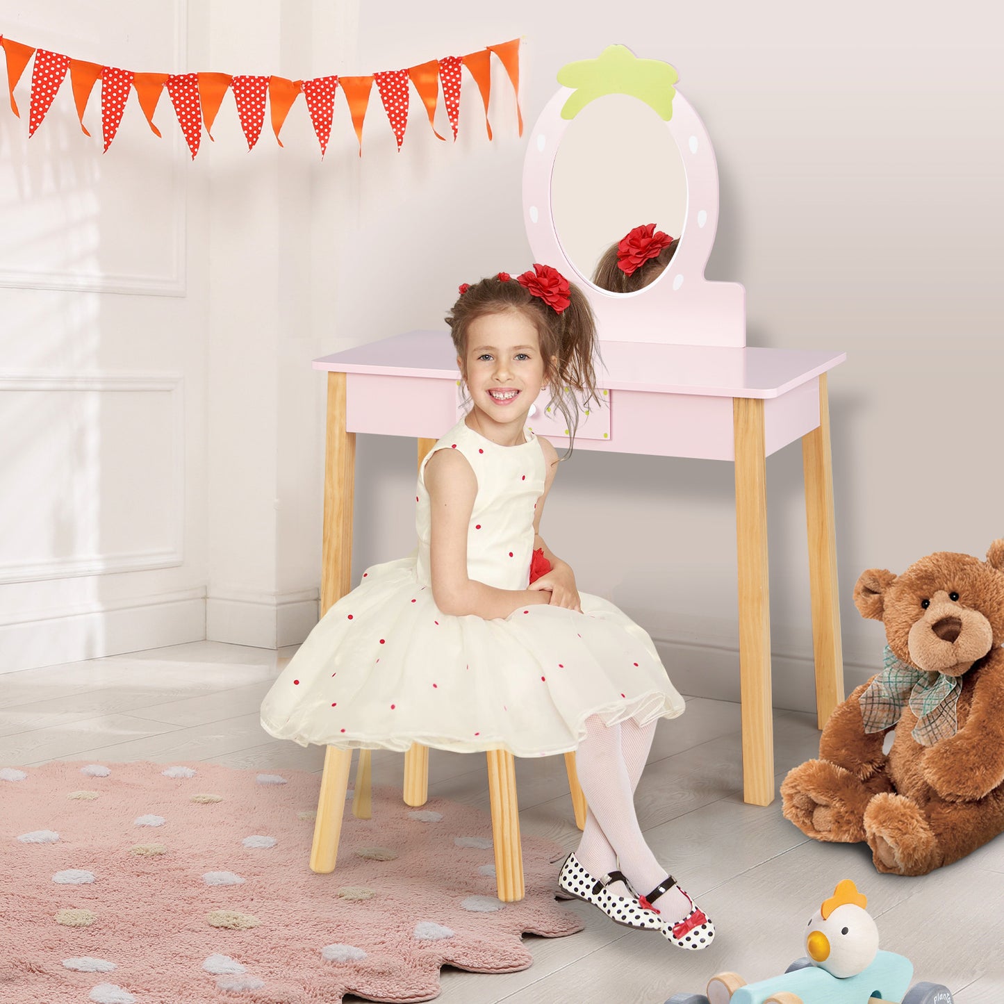 2-in-1 Children Vanity Table Stool Set with Mirror-Pink Kids Crystal