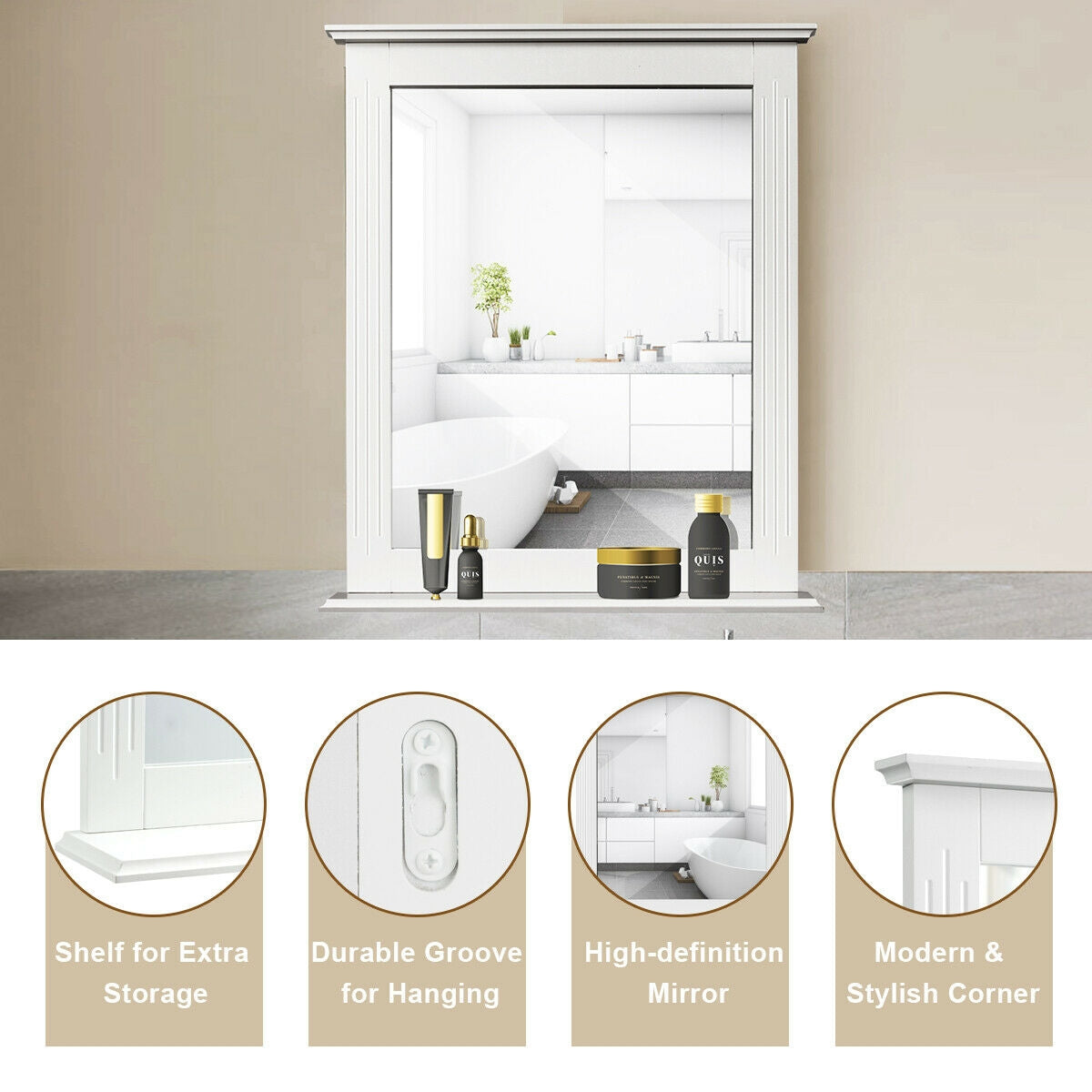 Wall-Mounted Multipurpose Vanity Mirror with Shelf-White Kids Crystal