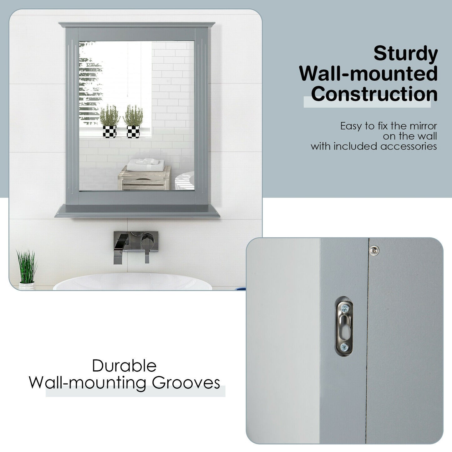 Wall-Mounted Multipurpose Vanity Mirror with Shelf-Gray Kids Crystal