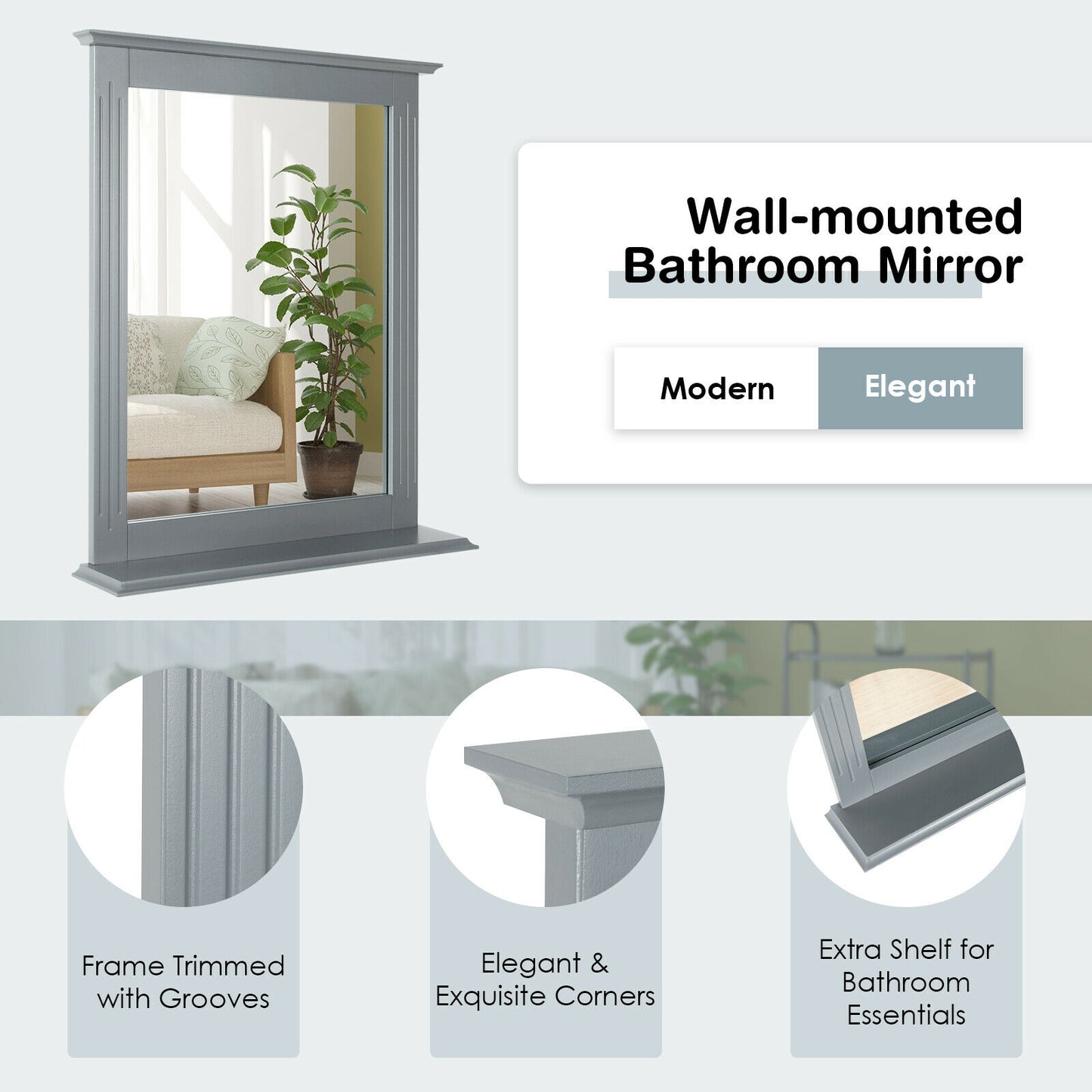 Wall-Mounted Multipurpose Vanity Mirror with Shelf-Gray Kids Crystal