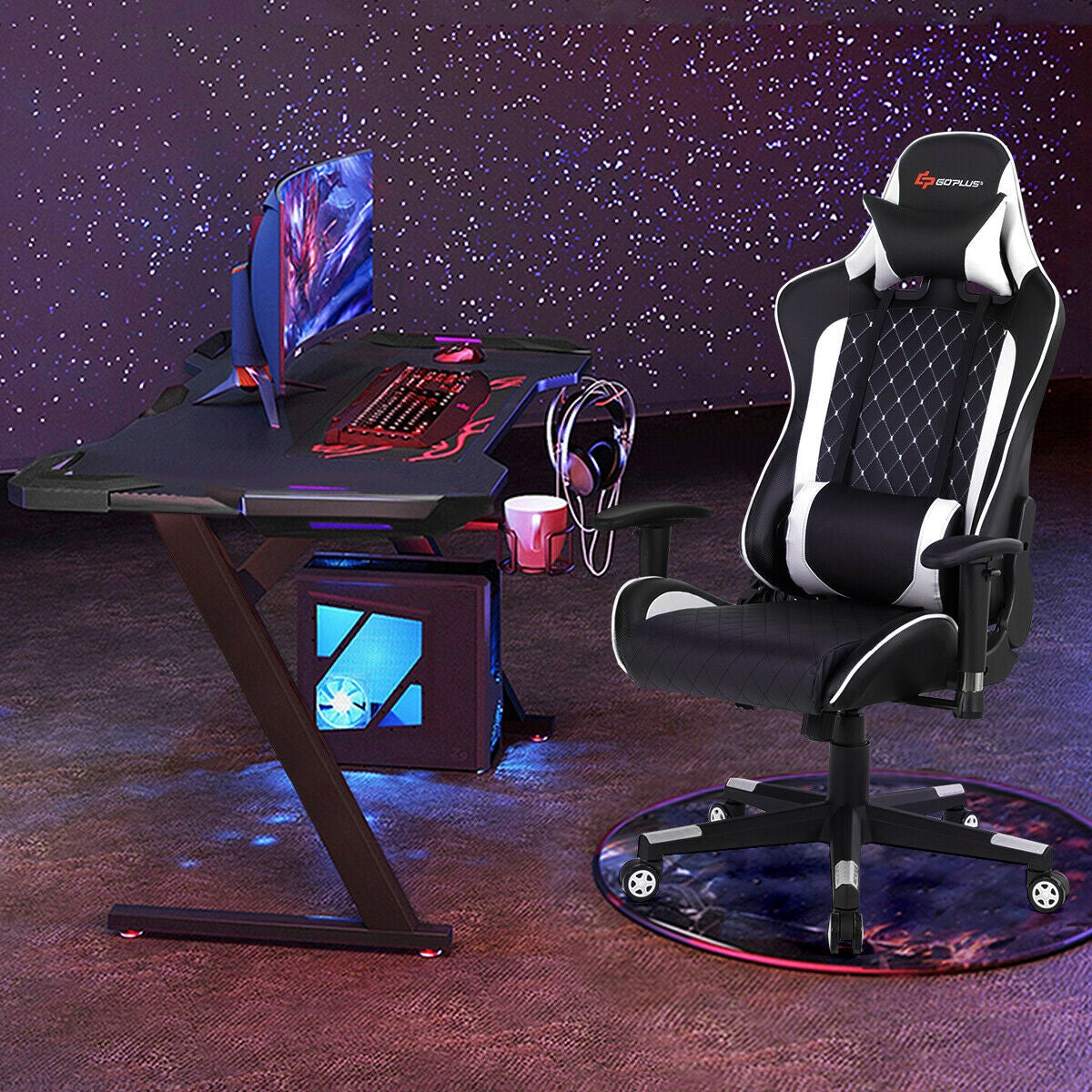 Massage Gaming Chair with Lumbar Support and Headrest-White Kids Crystal