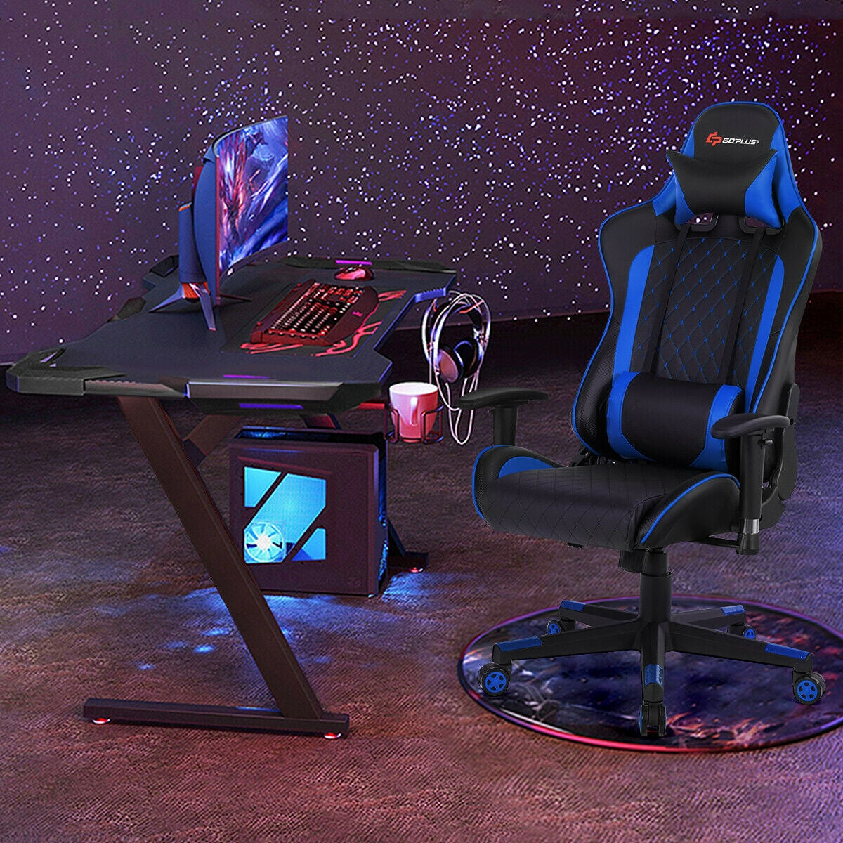 Massage Gaming Chair with Lumbar Support and Headrest-Blue Kids Crystal