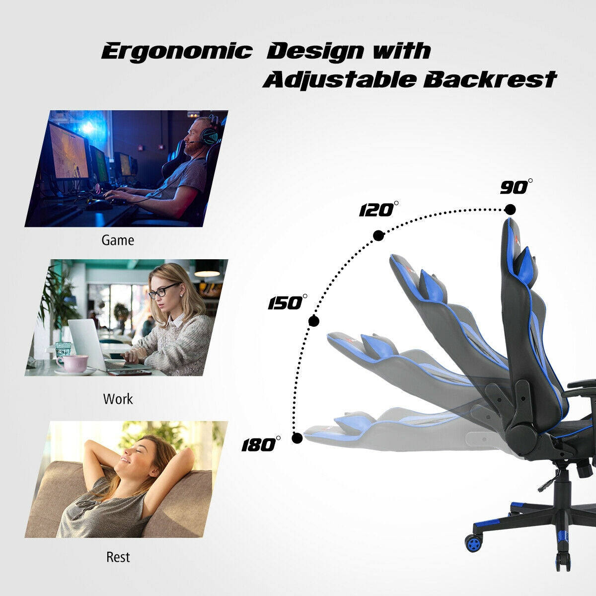 Massage Gaming Chair with Lumbar Support and Headrest-Blue Kids Crystal