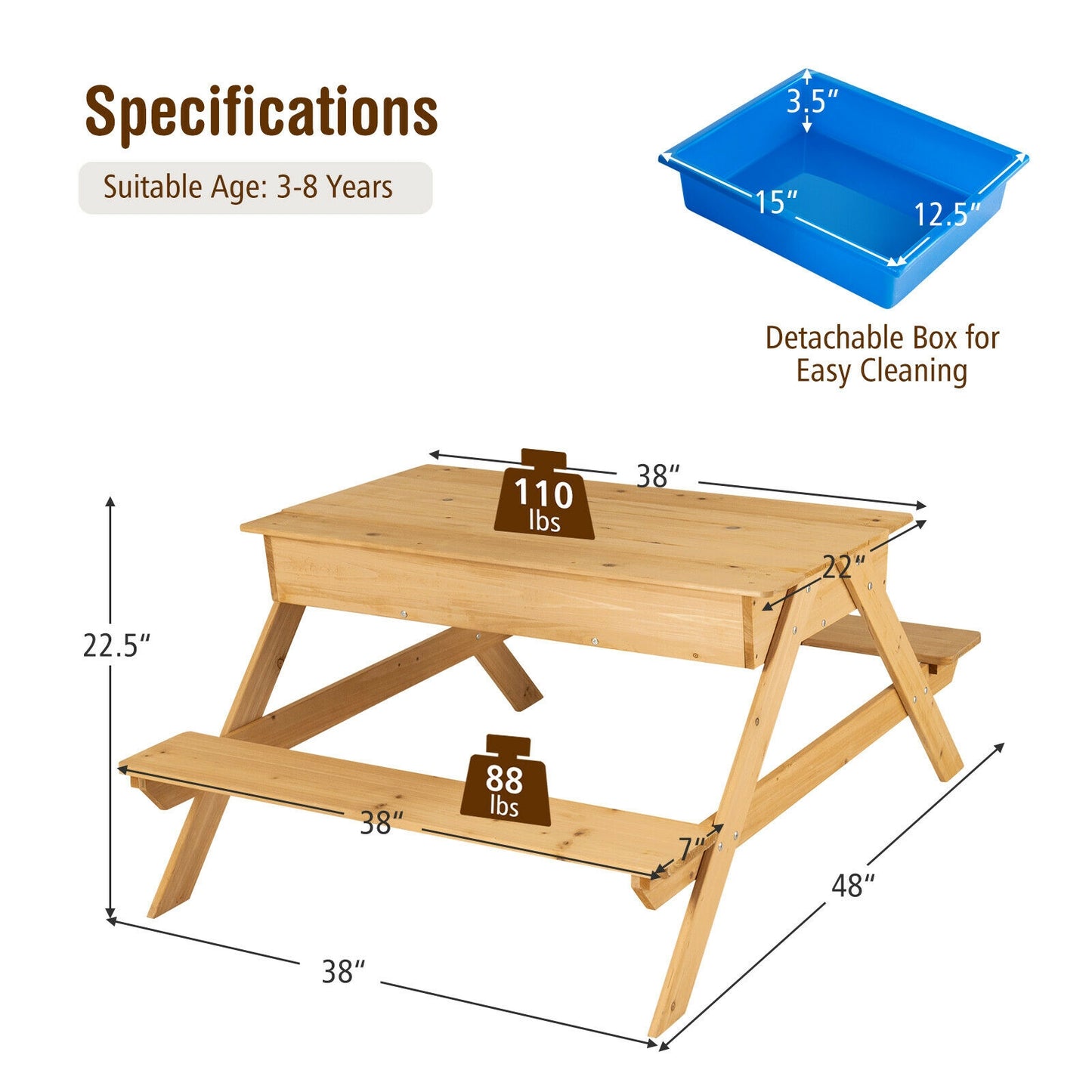 3-in-1 Kids Picnic Table Wooden Outdoor Water Sand Table with Play Boxes Kids Crystal