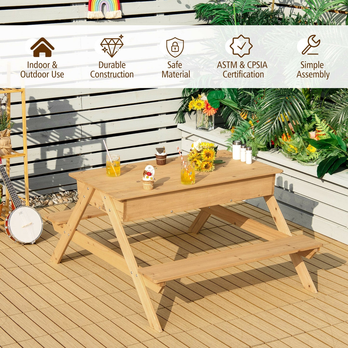 3-in-1 Kids Picnic Table Wooden Outdoor Water Sand Table with Play Boxes Kids Crystal