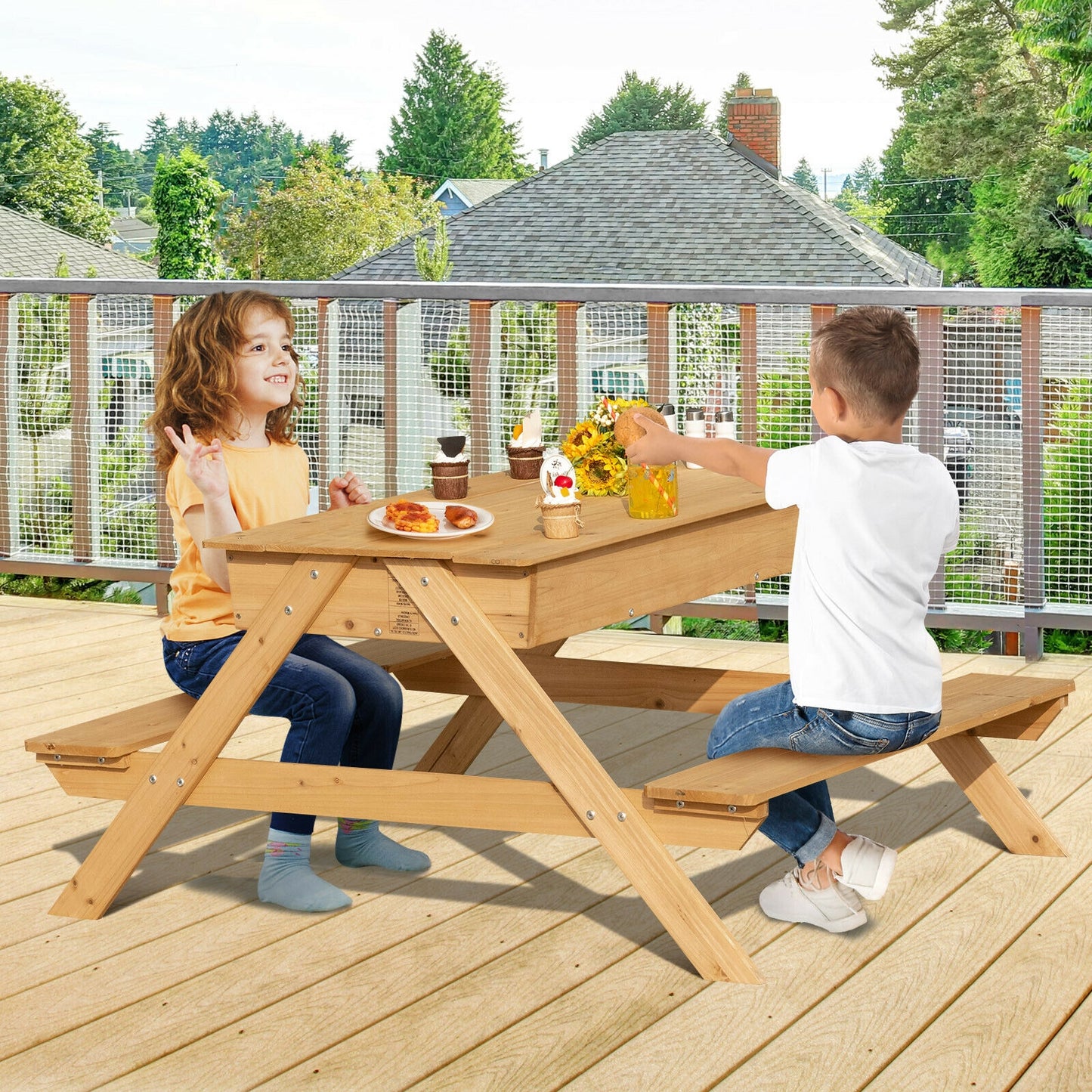 3-in-1 Kids Picnic Table Wooden Outdoor Water Sand Table with Play Boxes Kids Crystal