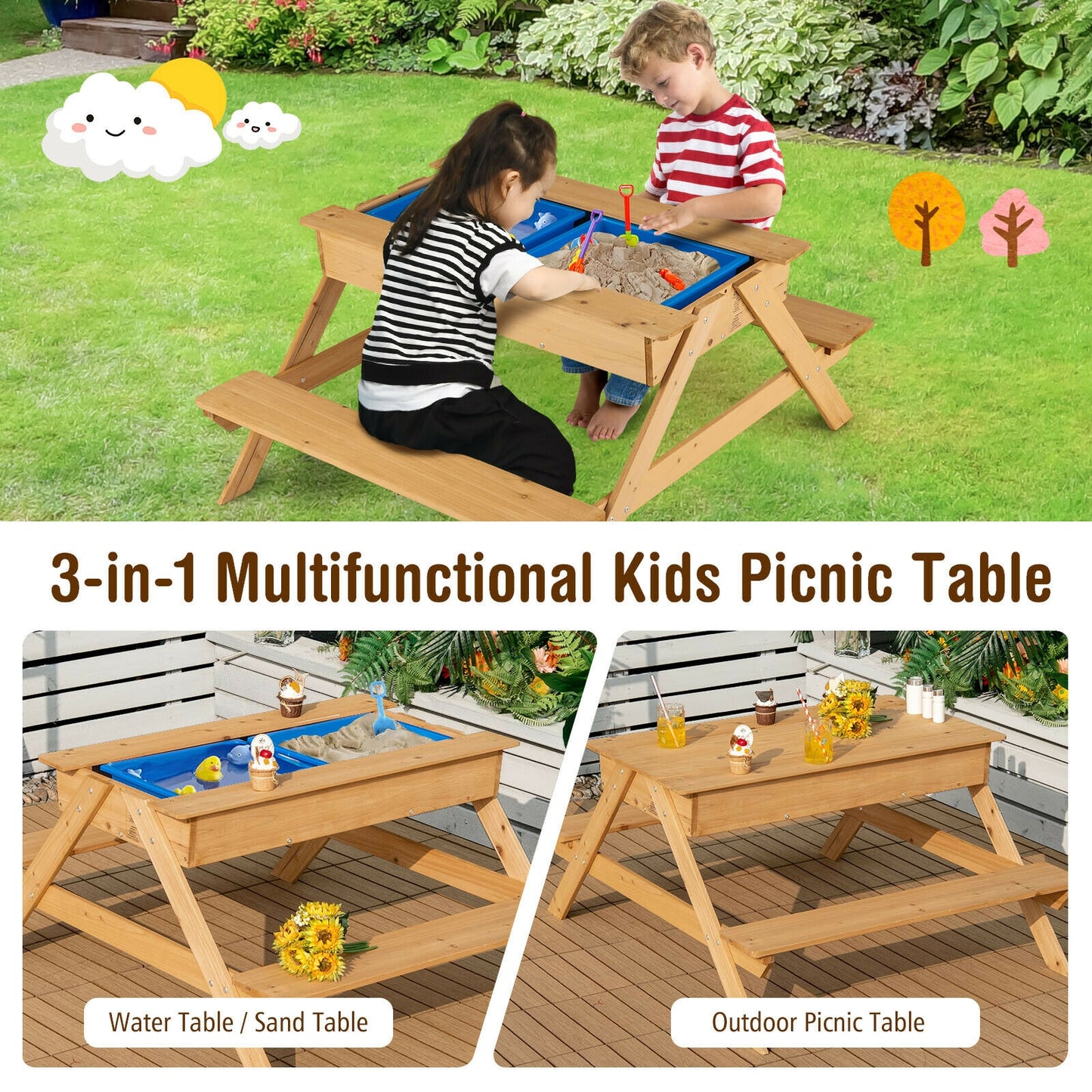 3-in-1 Kids Picnic Table Wooden Outdoor Water Sand Table with Play Boxes Kids Crystal