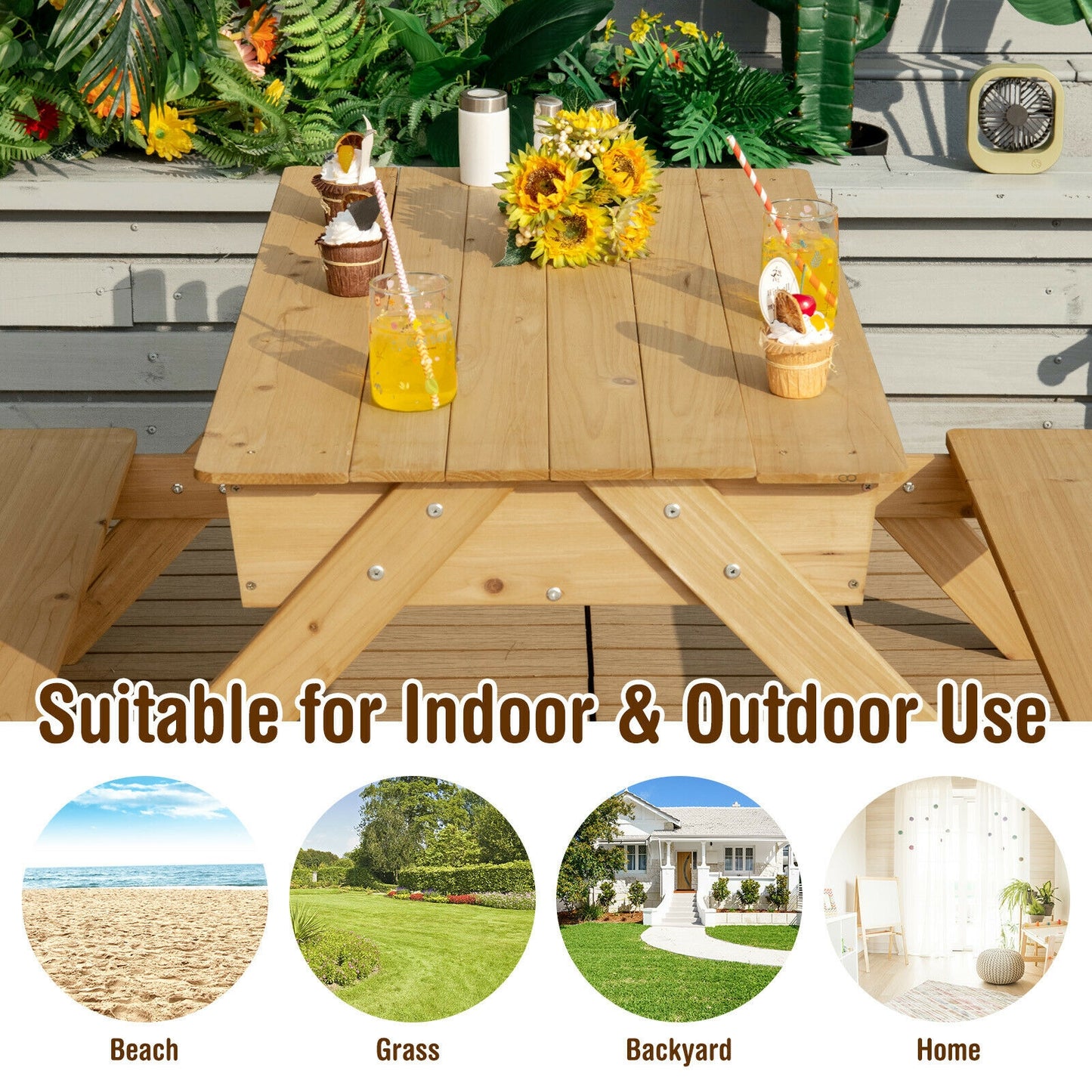 3-in-1 Kids Picnic Table Wooden Outdoor Water Sand Table with Play Boxes Kids Crystal