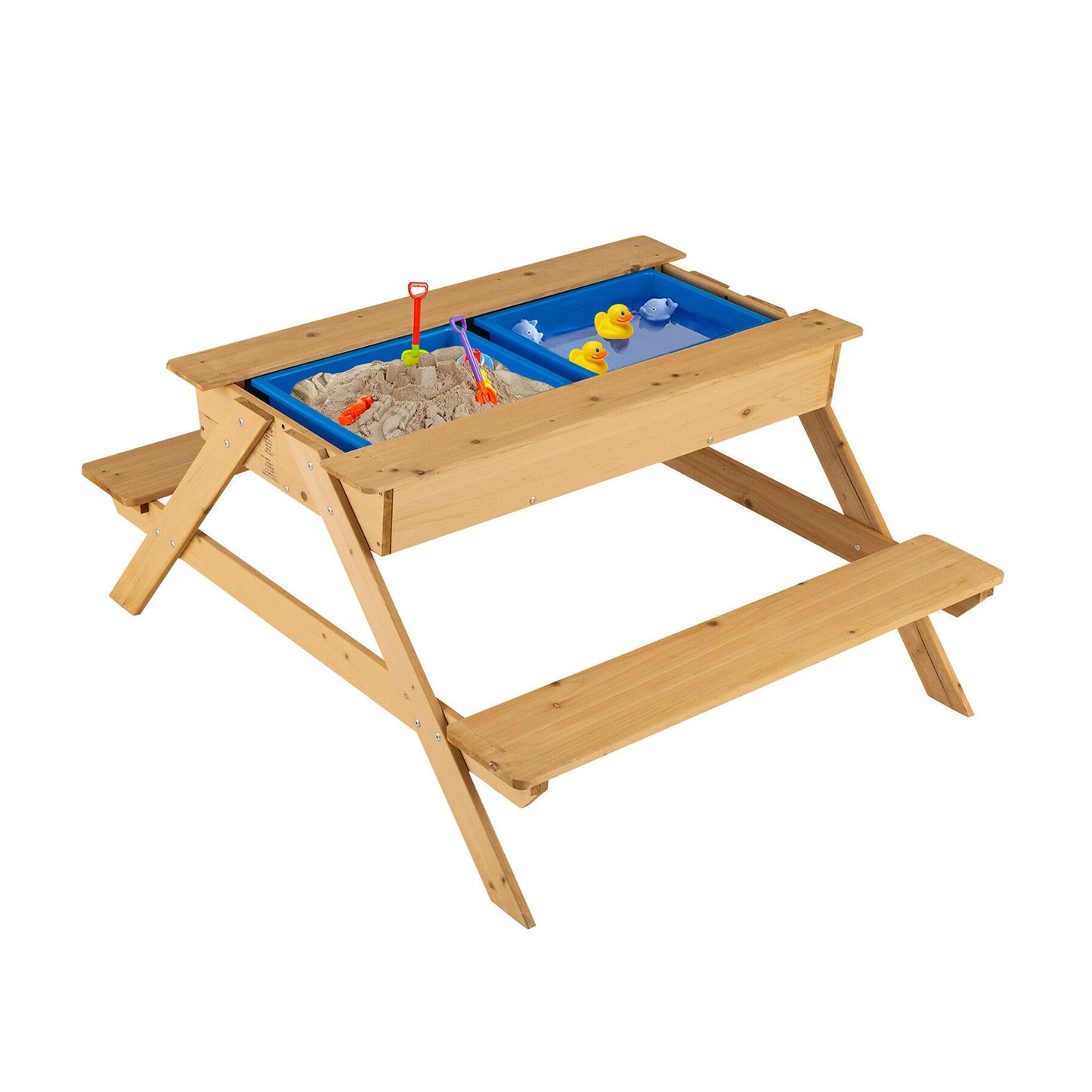 3-in-1 Kids Picnic Table Wooden Outdoor Water Sand Table with Play Boxes Kids Crystal
