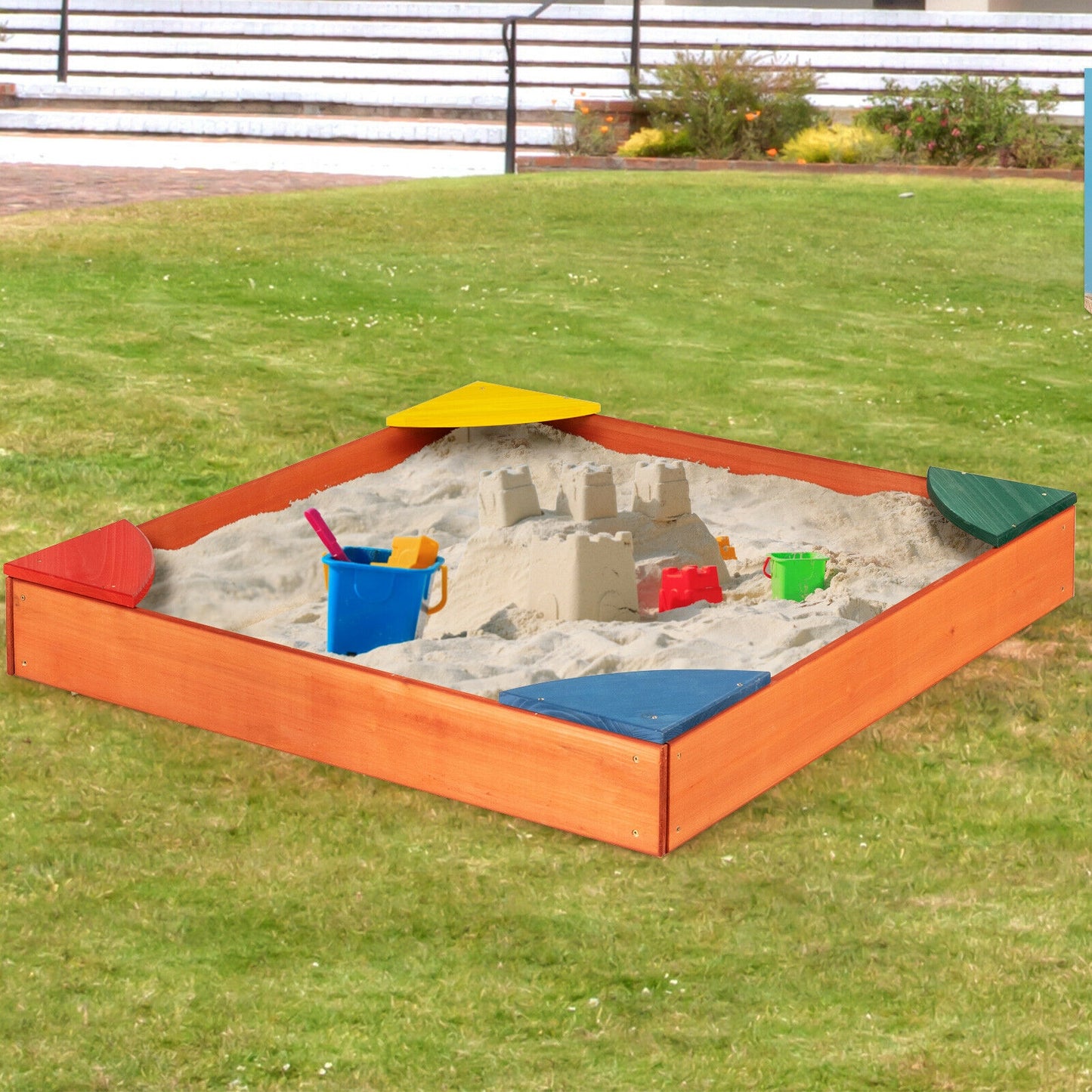 Kids Outdoor Wooden Backyard Sandbox with Built-in Corner Seating Kids Crystal