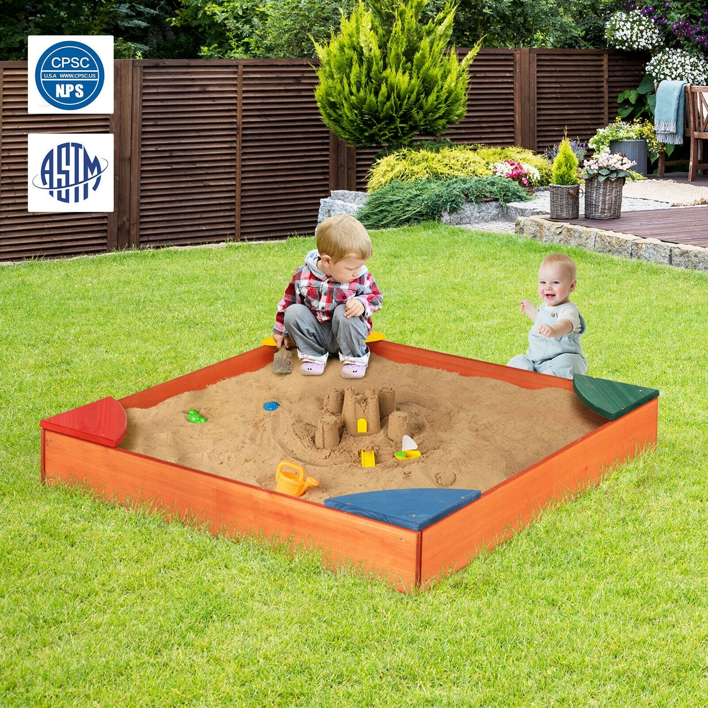 Kids Outdoor Wooden Backyard Sandbox with Built-in Corner Seating Kids Crystal