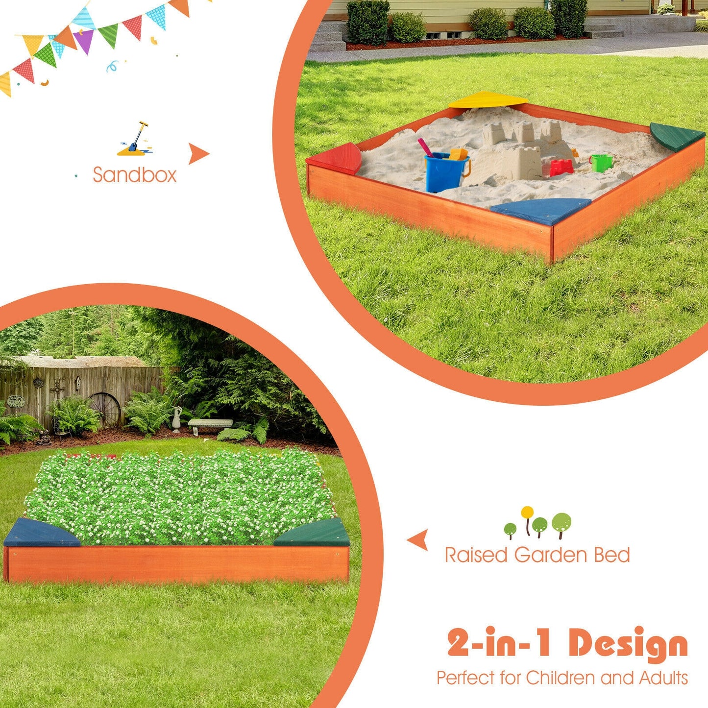 Kids Outdoor Wooden Backyard Sandbox with Built-in Corner Seating Kids Crystal
