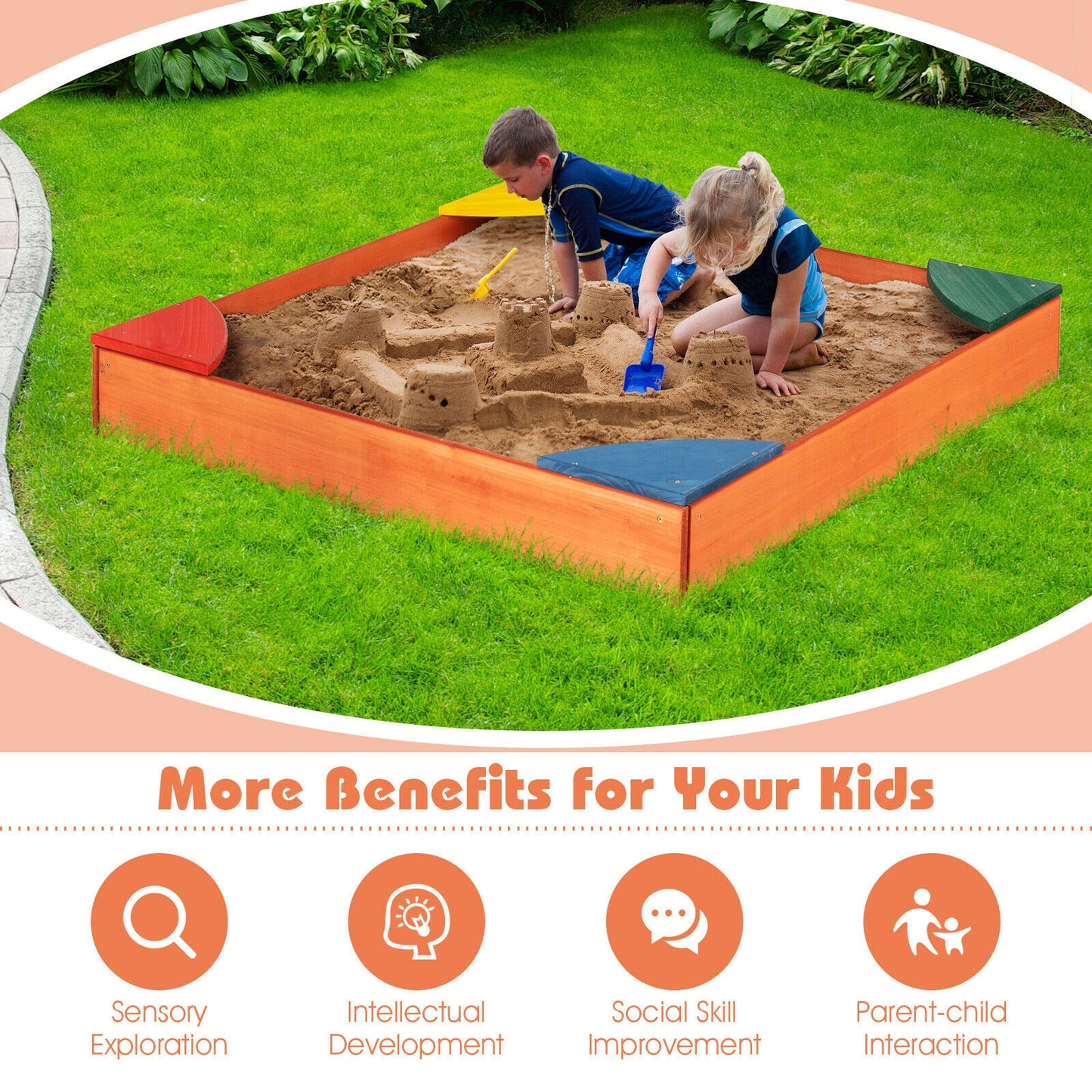 Kids Outdoor Wooden Backyard Sandbox with Built-in Corner Seating Kids Crystal