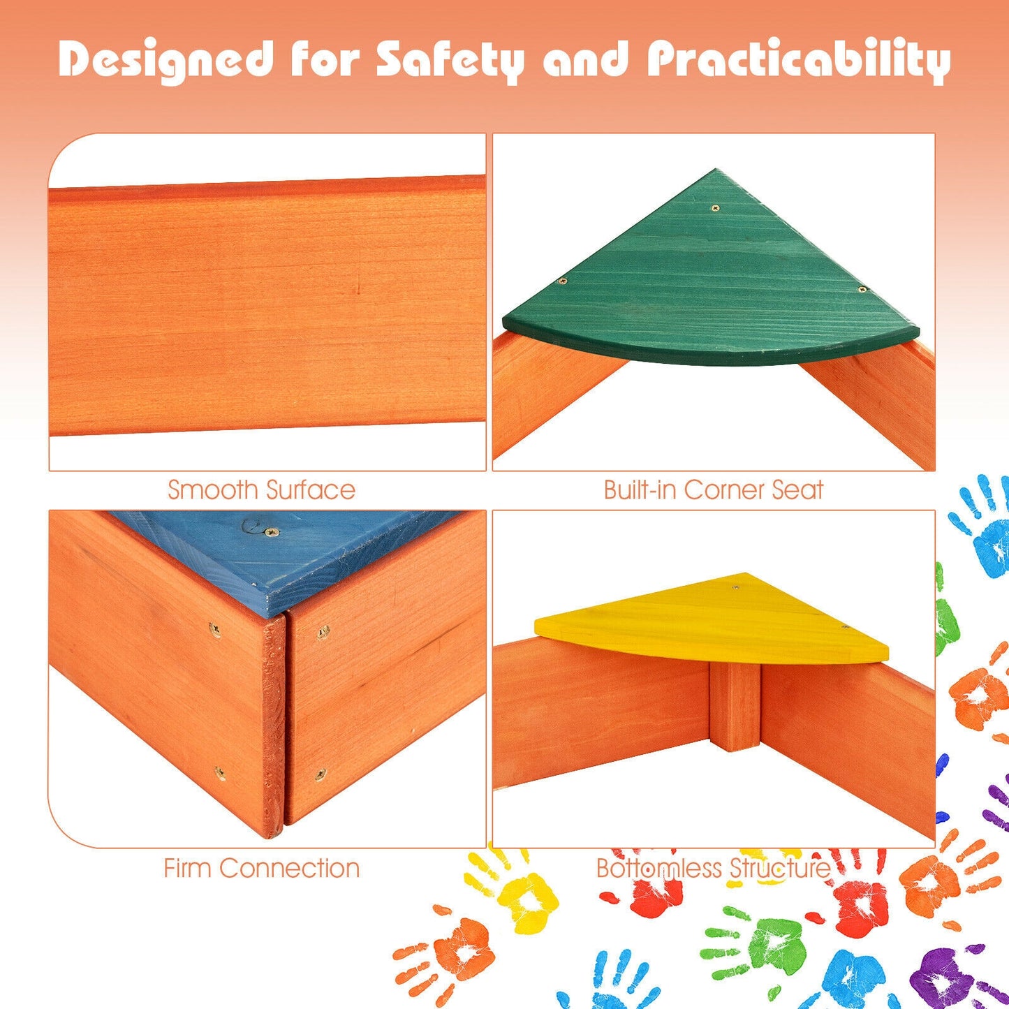 Kids Outdoor Wooden Backyard Sandbox with Built-in Corner Seating Kids Crystal