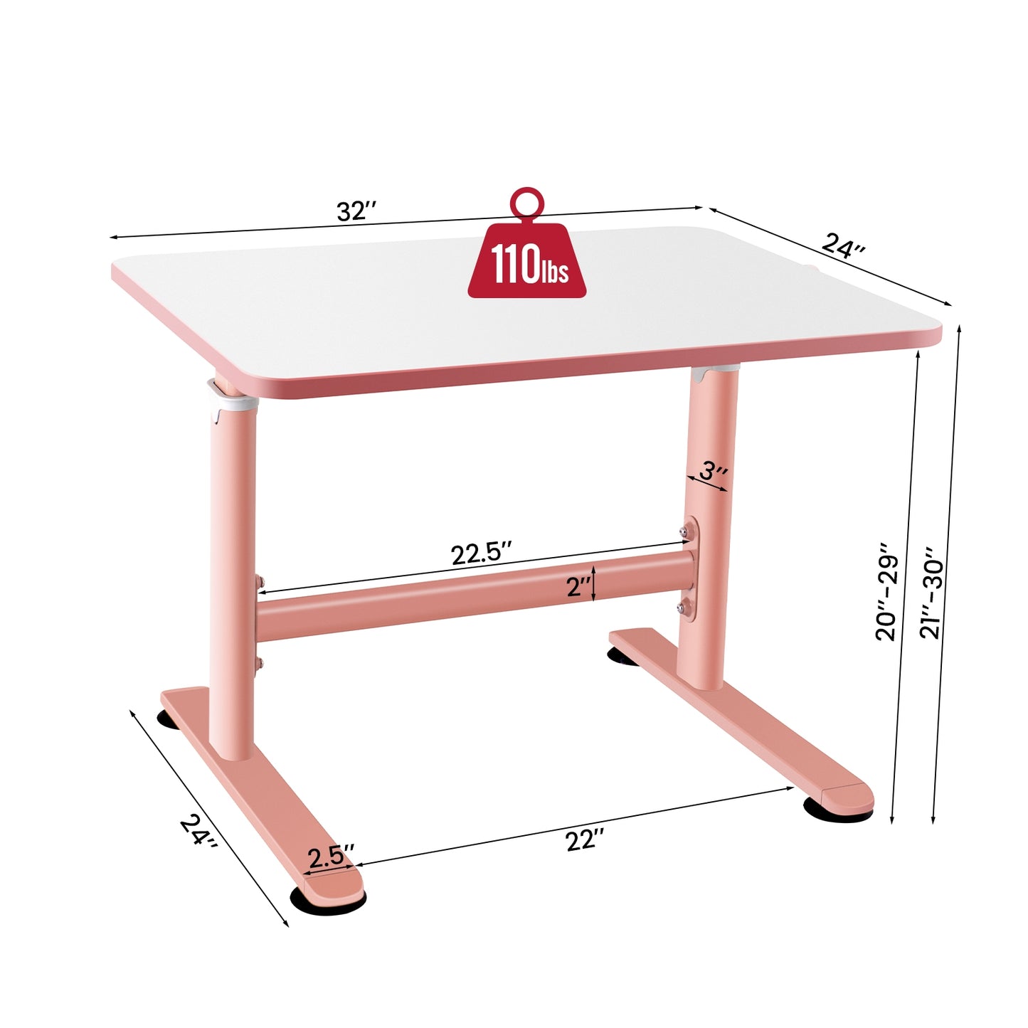 32 x 24 Inch Height Adjustable Desk with Hand Crank Adjusting for Kids-Pink Kids Crystal