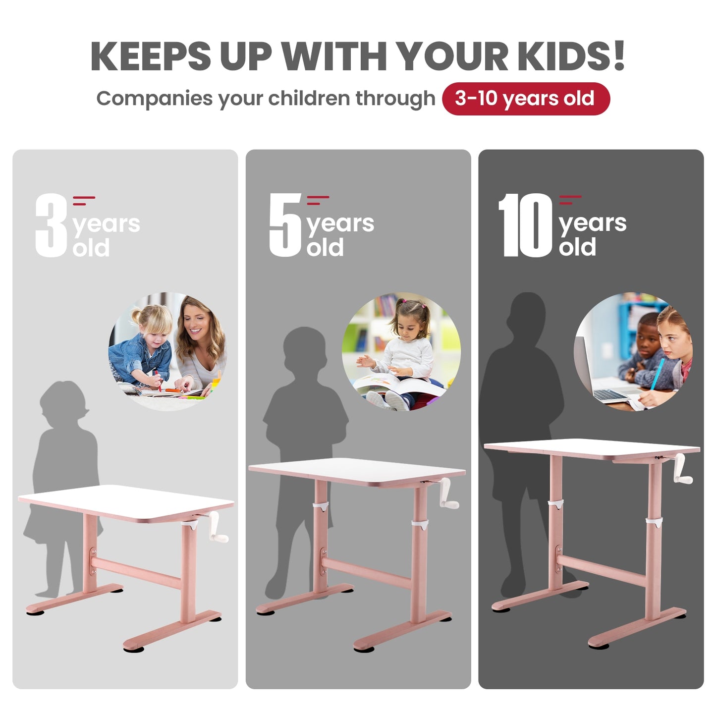 32 x 24 Inch Height Adjustable Desk with Hand Crank Adjusting for Kids-Pink Kids Crystal