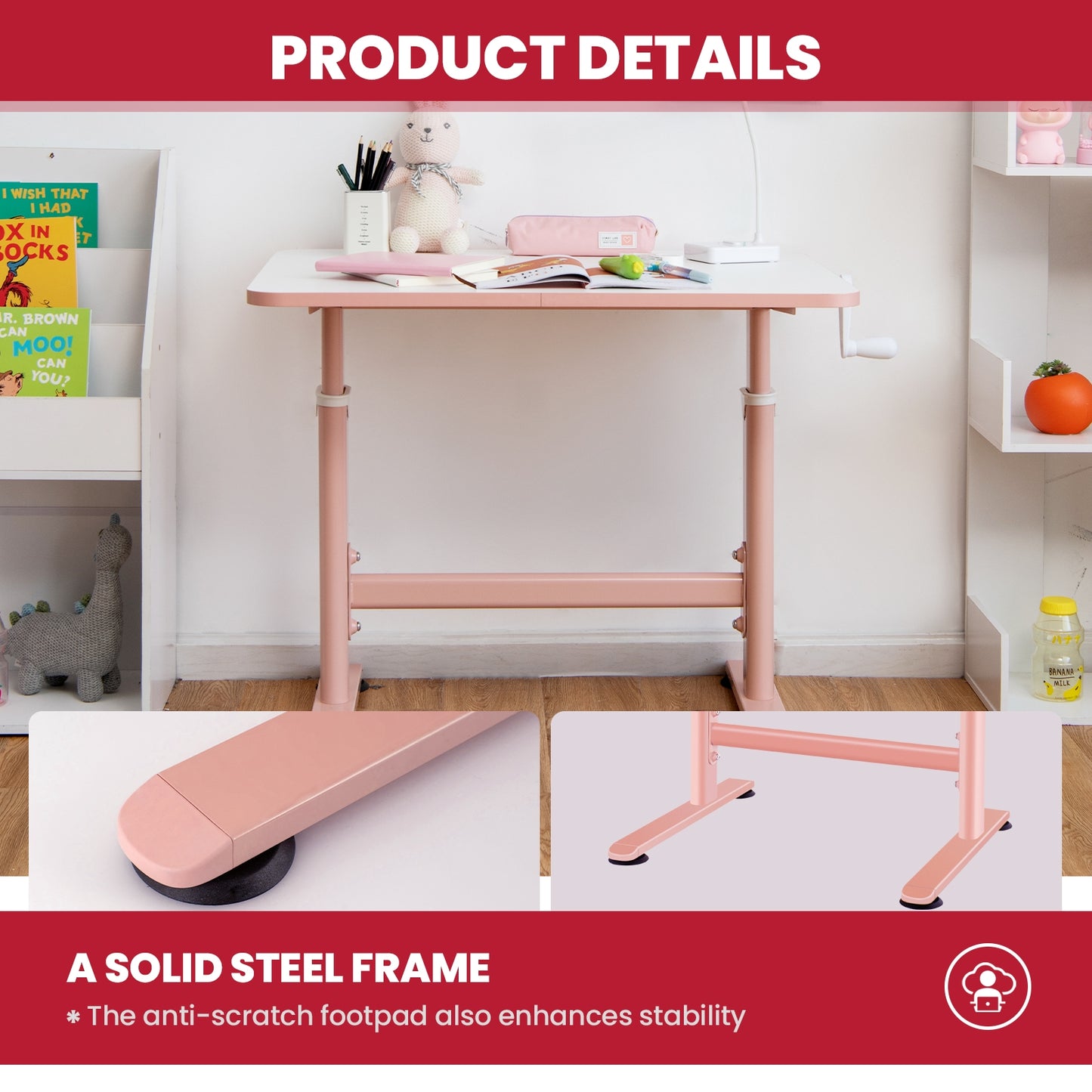32 x 24 Inch Height Adjustable Desk with Hand Crank Adjusting for Kids-Pink Kids Crystal