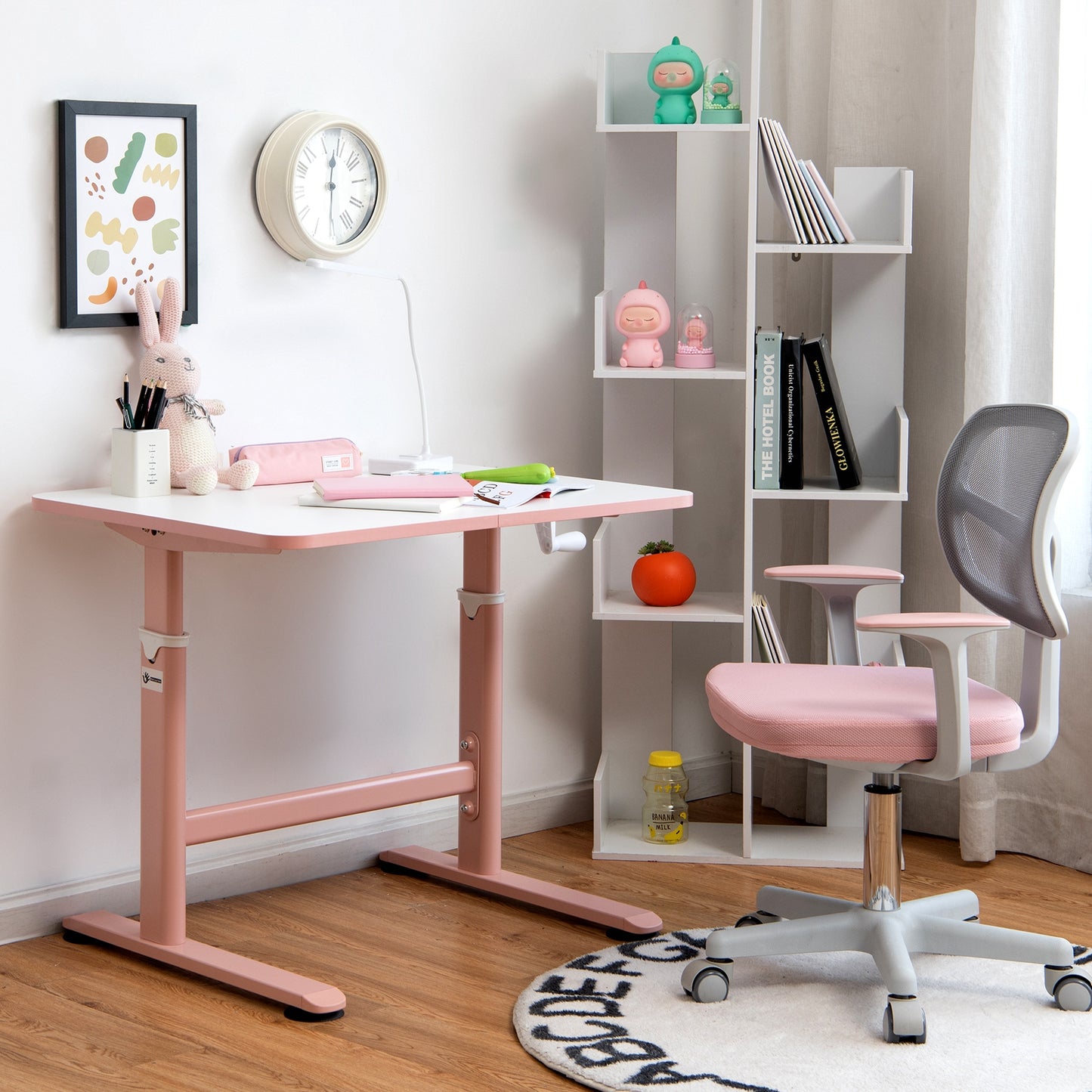 32 x 24 Inch Height Adjustable Desk with Hand Crank Adjusting for Kids-Pink Kids Crystal