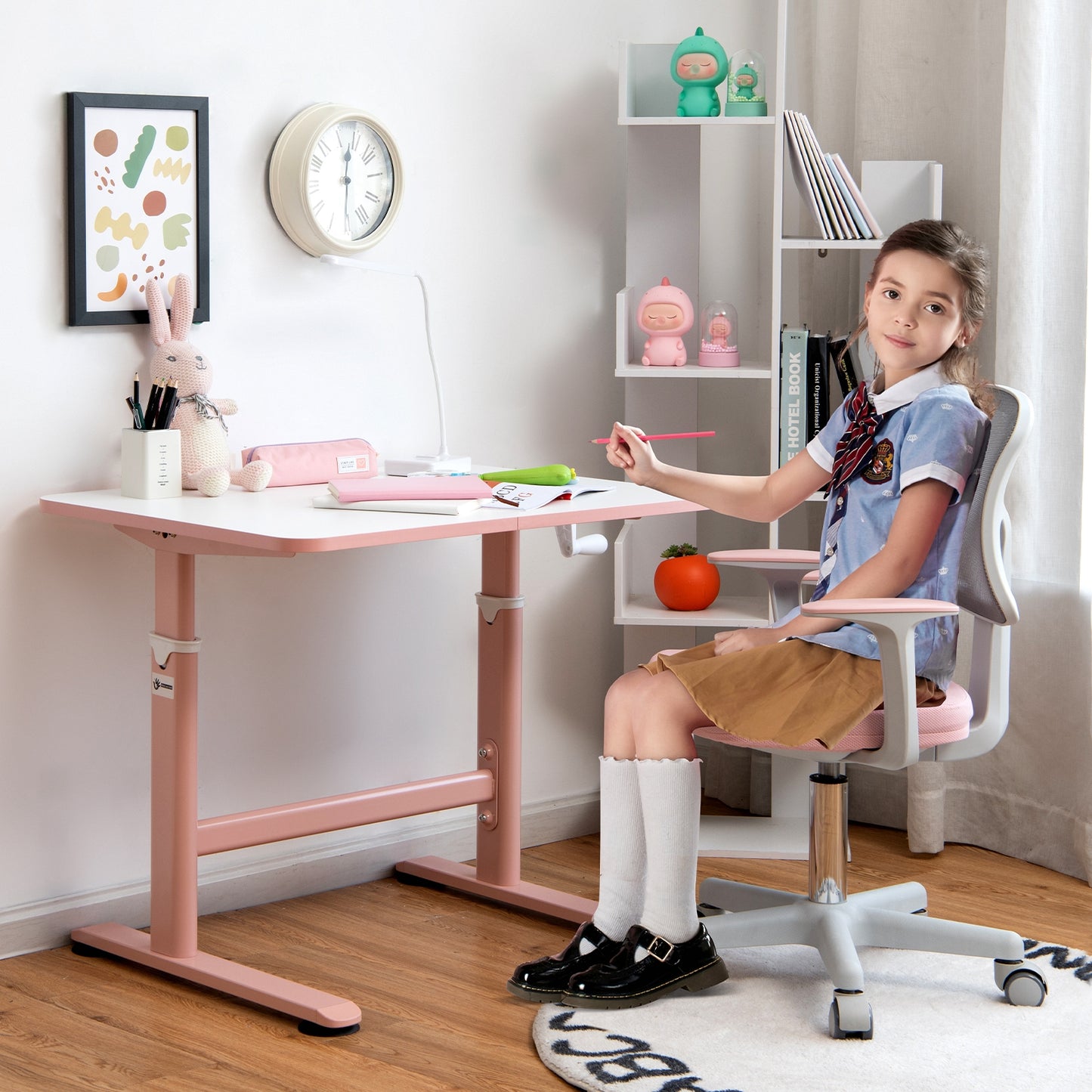 32 x 24 Inch Height Adjustable Desk with Hand Crank Adjusting for Kids-Pink Kids Crystal