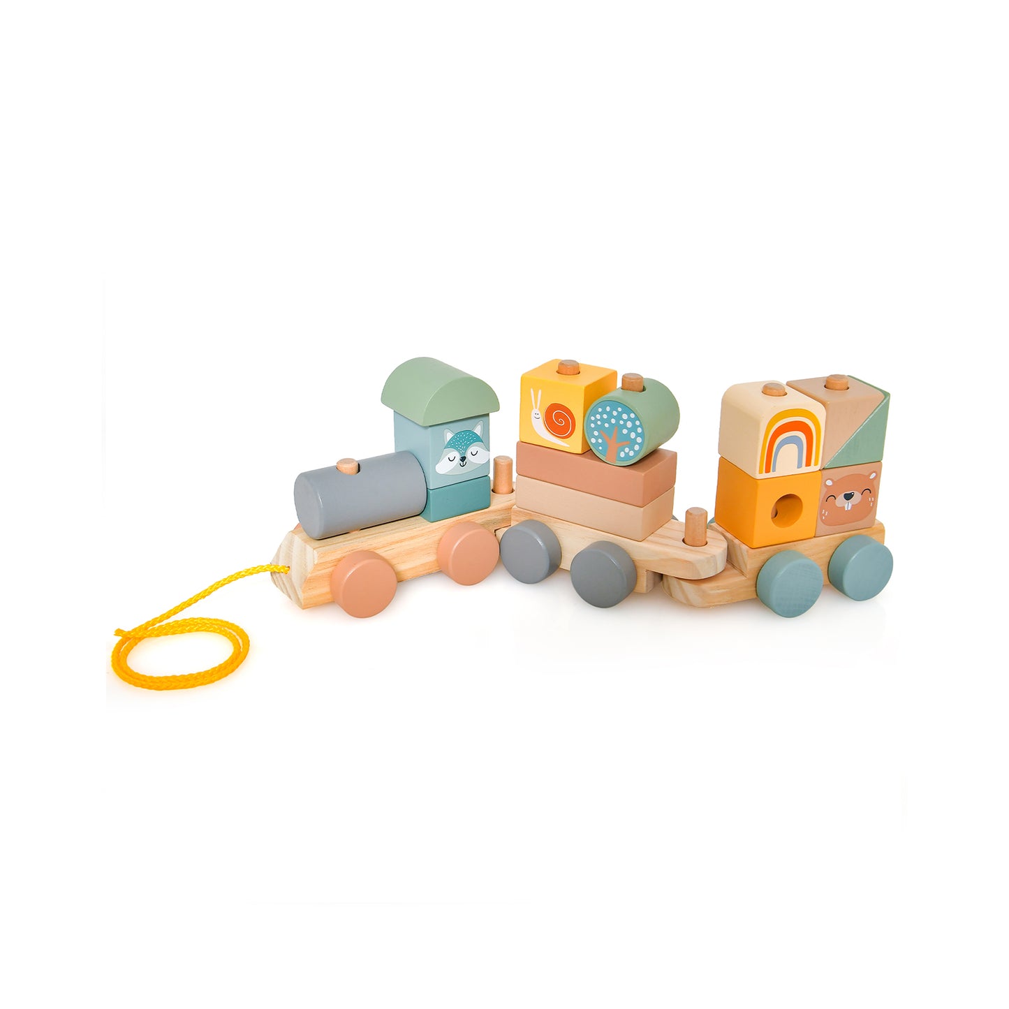 Wooden Toy Train Set with Stacking Wooden Blocks and Cute Animal Patterns Kids Crystal