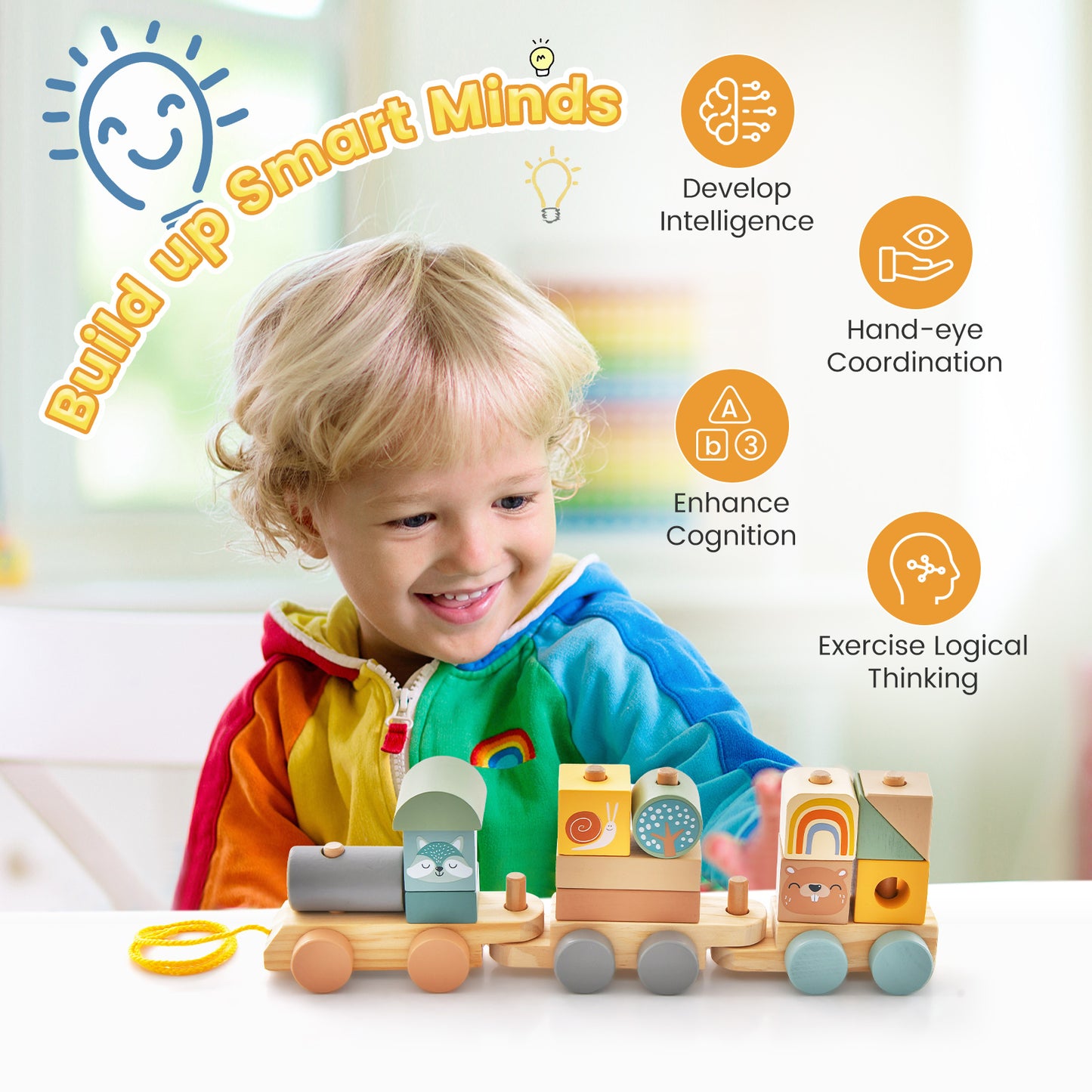 Wooden Toy Train Set with Stacking Wooden Blocks and Cute Animal Patterns Kids Crystal