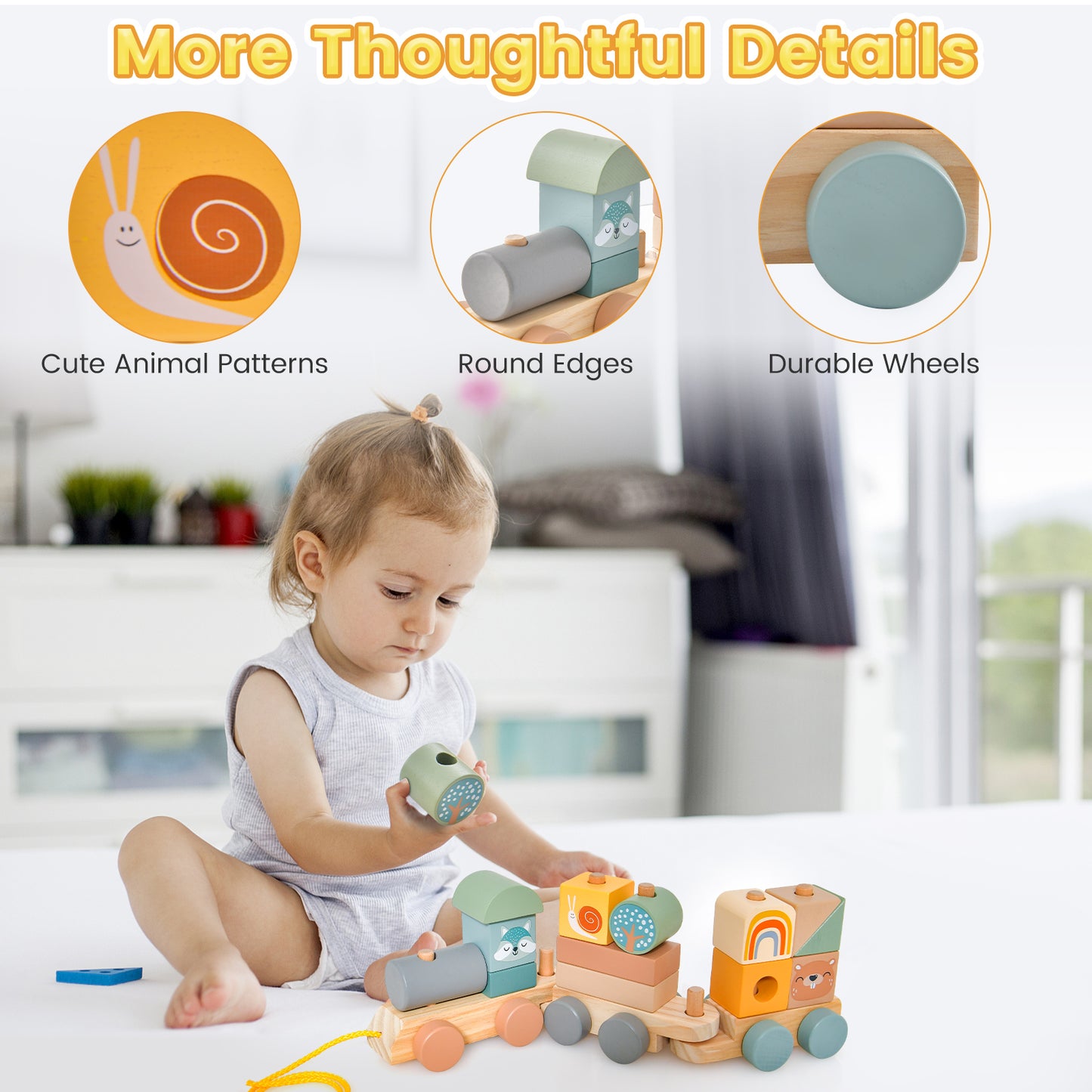 Wooden Toy Train Set with Stacking Wooden Blocks and Cute Animal Patterns Kids Crystal