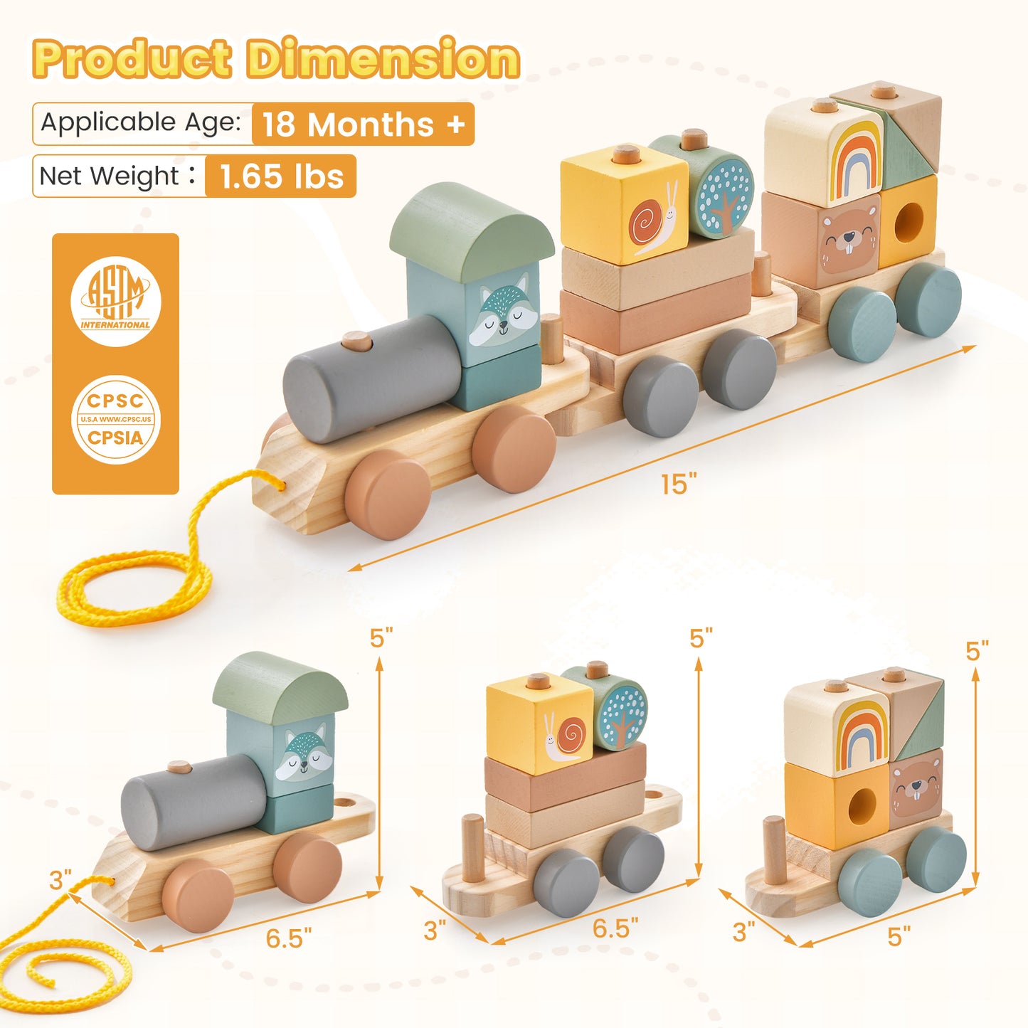 Wooden Toy Train Set with Stacking Wooden Blocks and Cute Animal Patterns Kids Crystal