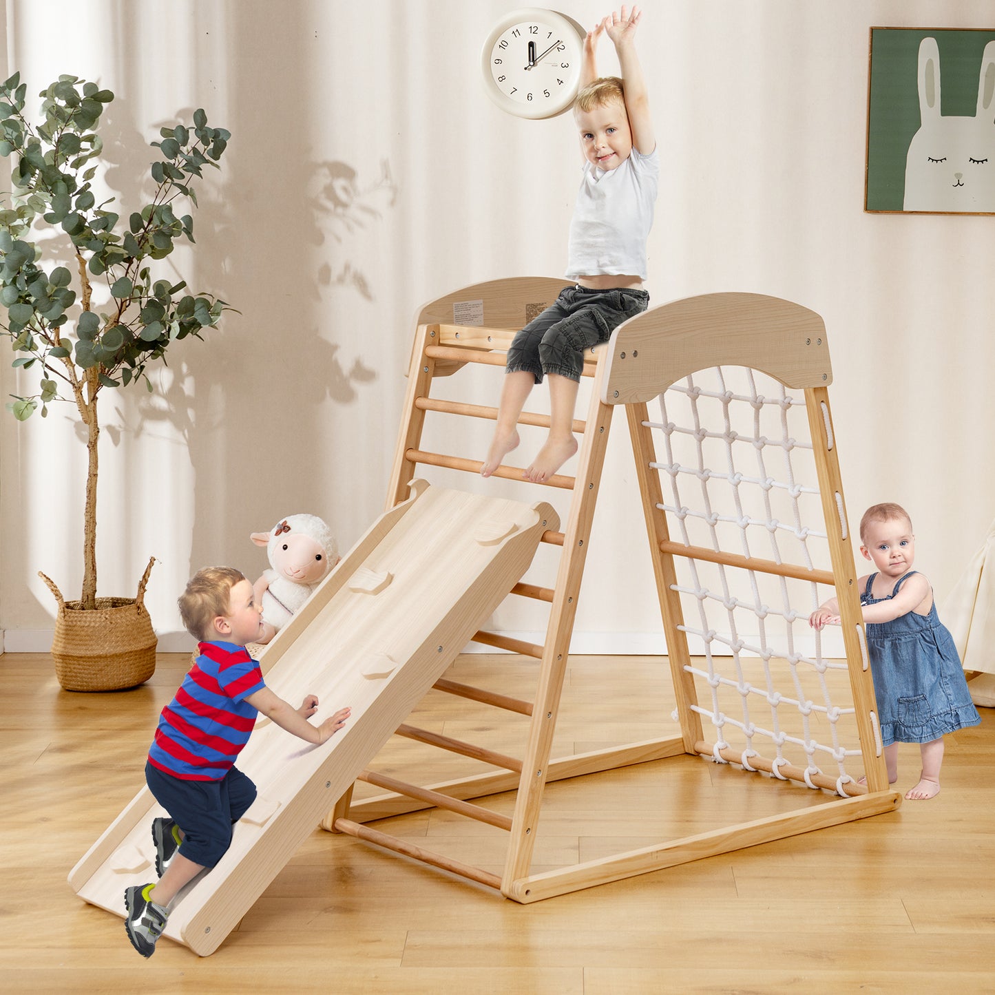 6-in-1 Jungle Gym Wooden Indoor Playground with Double-Sided Ramp and Monkey Bars-Natural Kids Crystal
