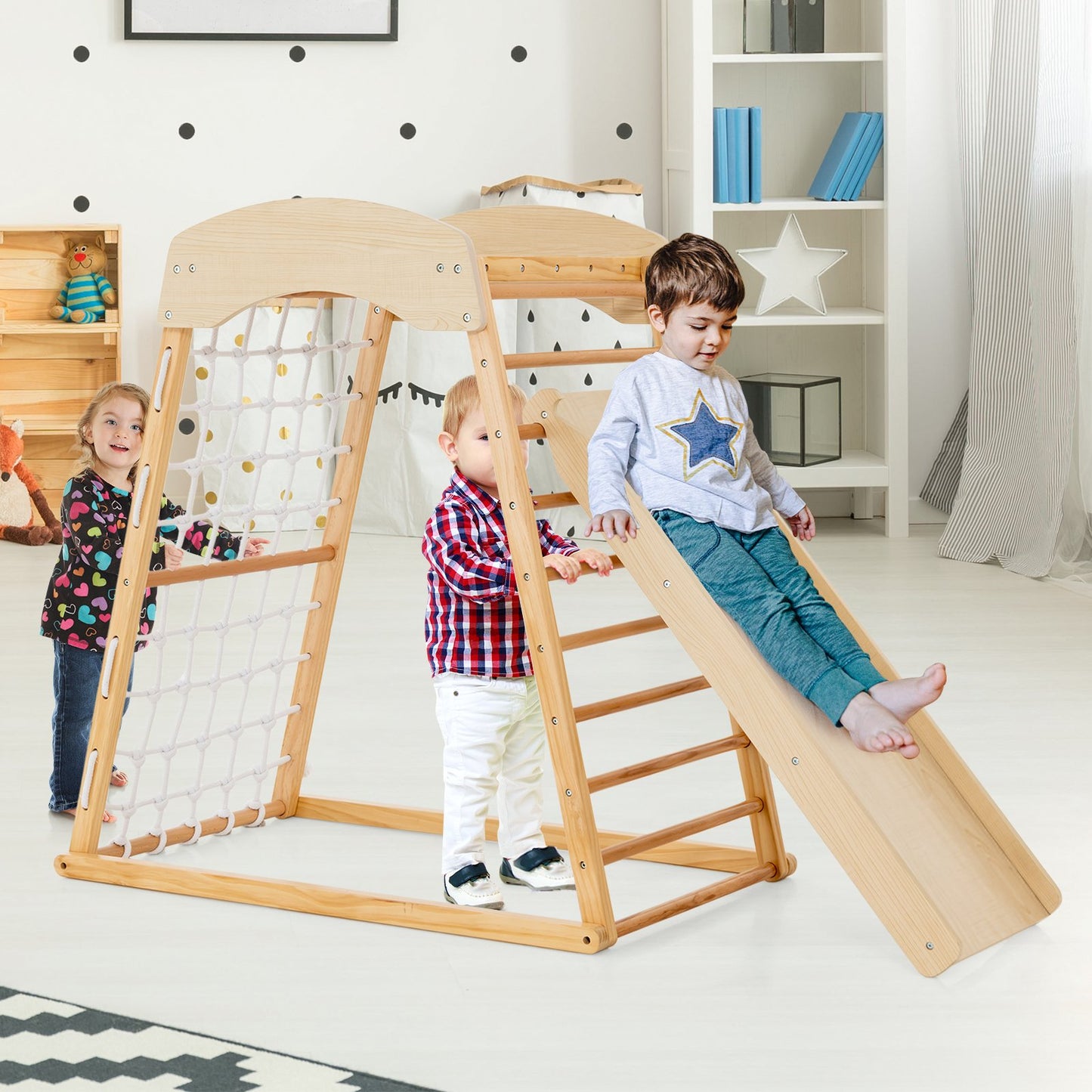6-in-1 Jungle Gym Wooden Indoor Playground with Double-Sided Ramp and Monkey Bars-Natural Kids Crystal