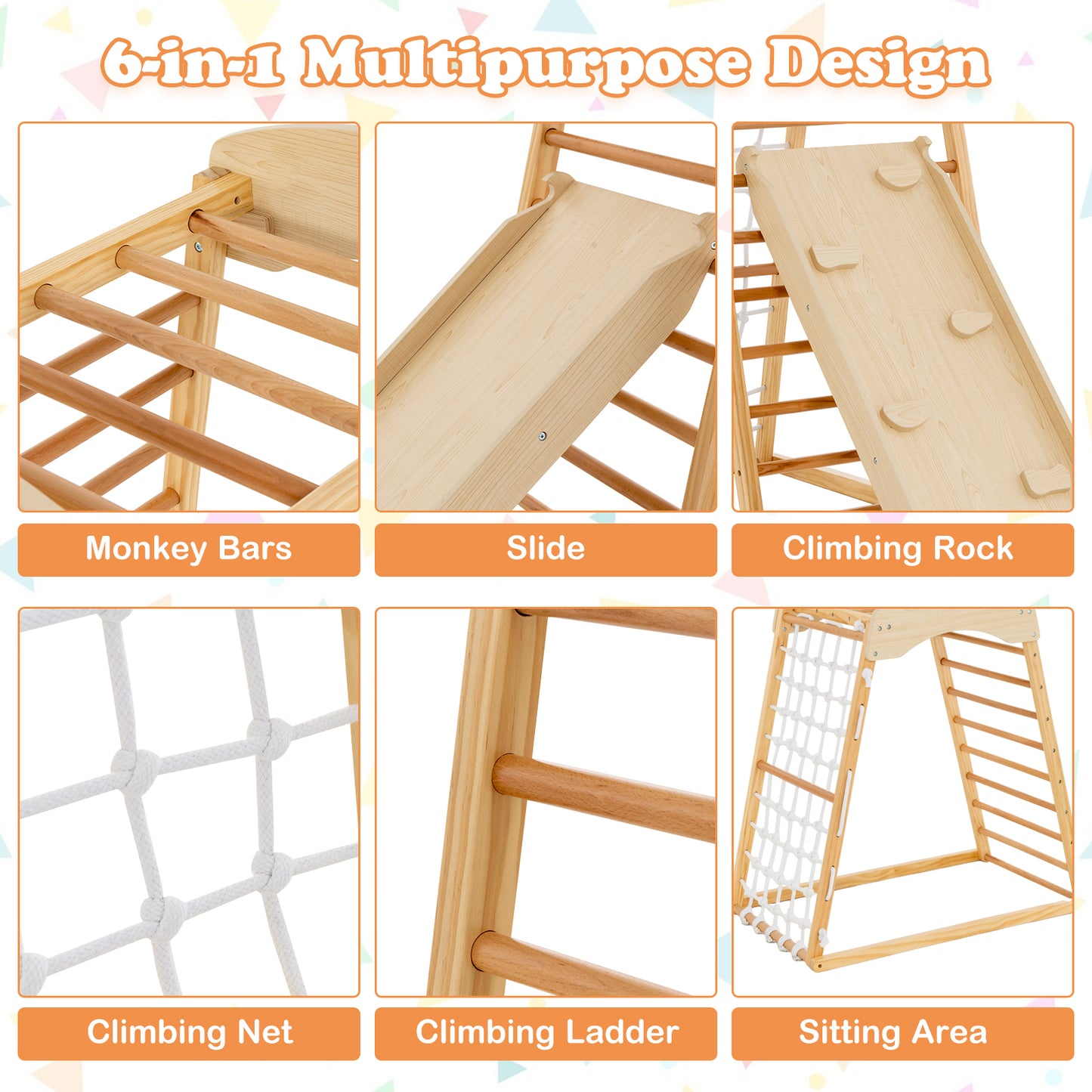 6-in-1 Jungle Gym Wooden Indoor Playground with Double-Sided Ramp and Monkey Bars-Natural Kids Crystal