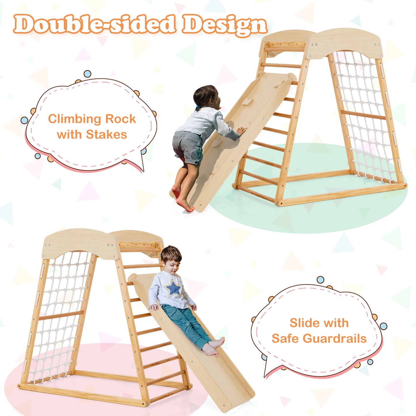 6-in-1 Jungle Gym Wooden Indoor Playground with Double-Sided Ramp and Monkey Bars-Natural Kids Crystal