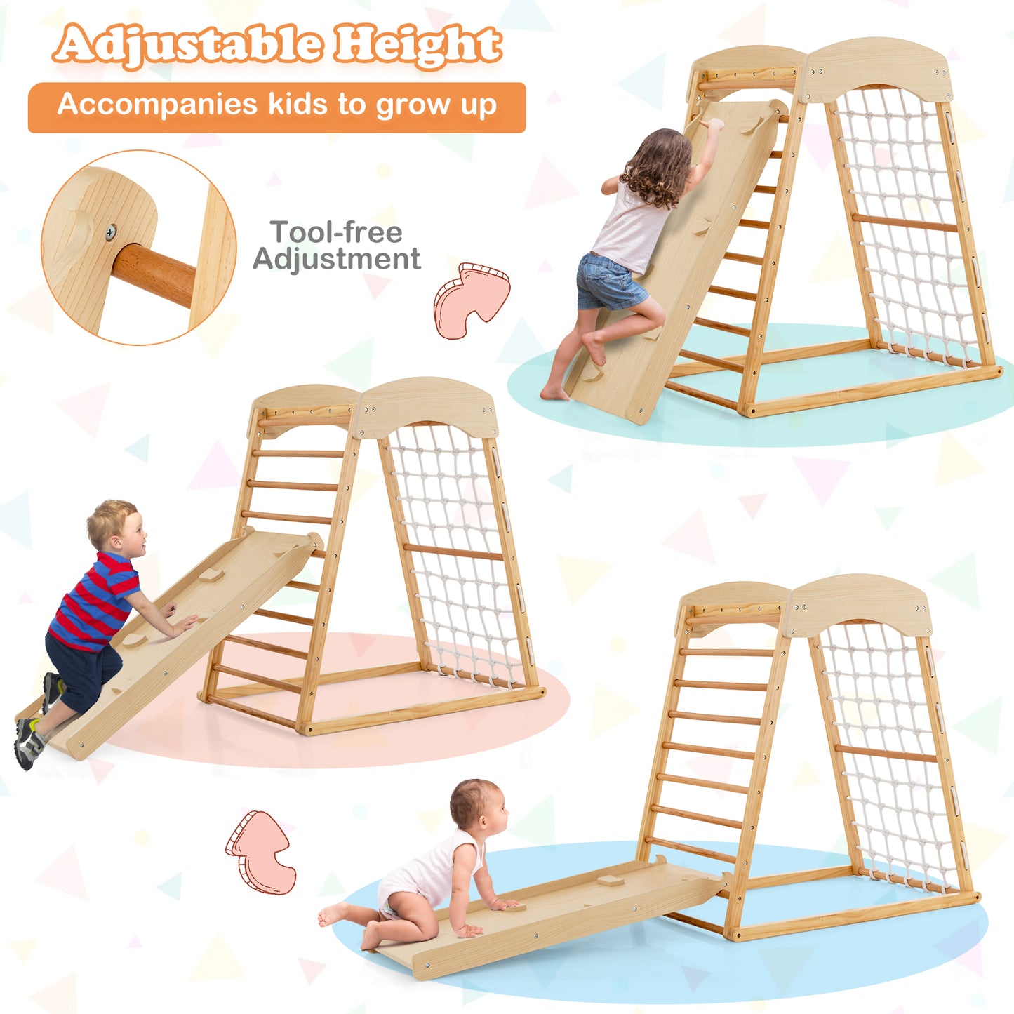 6-in-1 Jungle Gym Wooden Indoor Playground with Double-Sided Ramp and Monkey Bars-Natural Kids Crystal