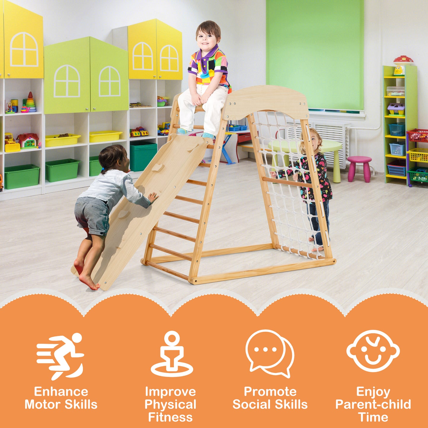 6-in-1 Jungle Gym Wooden Indoor Playground with Double-Sided Ramp and Monkey Bars-Natural Kids Crystal