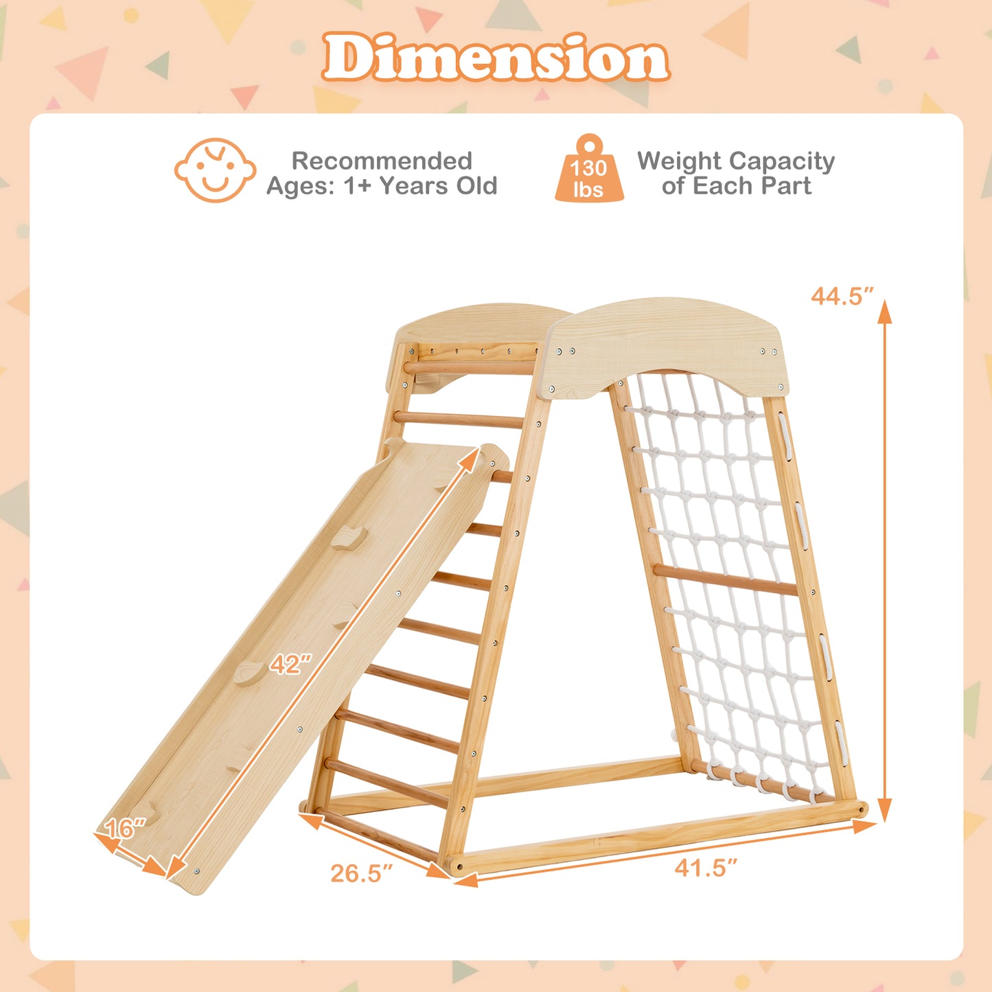 6-in-1 Jungle Gym Wooden Indoor Playground with Double-Sided Ramp and Monkey Bars-Natural Kids Crystal
