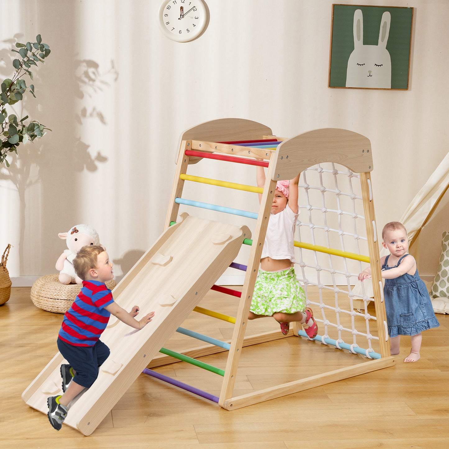 6-in-1 Jungle Gym Wooden Indoor Playground with Double-Sided Ramp and Monkey Bars-Multicolor Kids Crystal