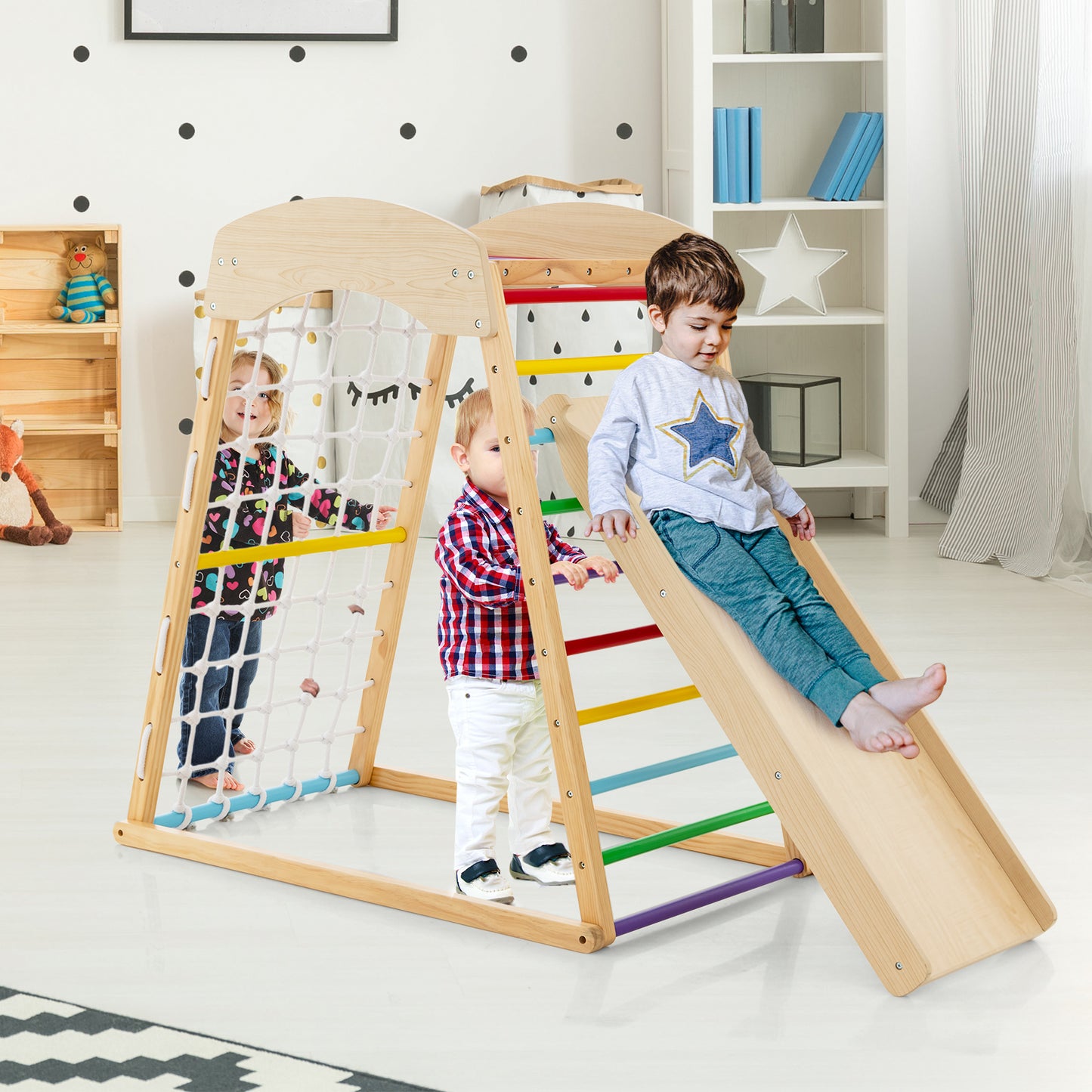 6-in-1 Jungle Gym Wooden Indoor Playground with Double-Sided Ramp and Monkey Bars-Multicolor Kids Crystal