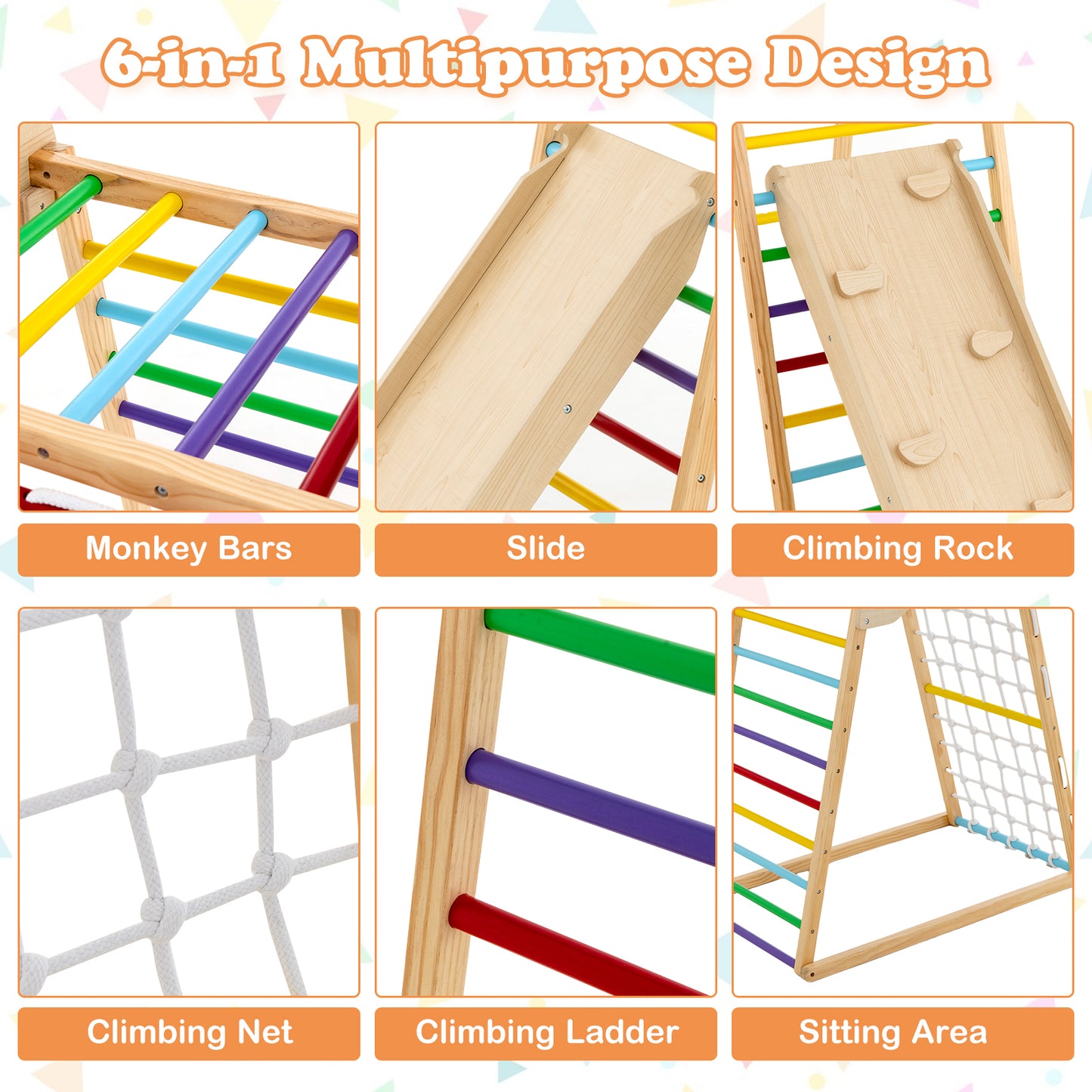 6-in-1 Jungle Gym Wooden Indoor Playground with Double-Sided Ramp and Monkey Bars-Multicolor Kids Crystal