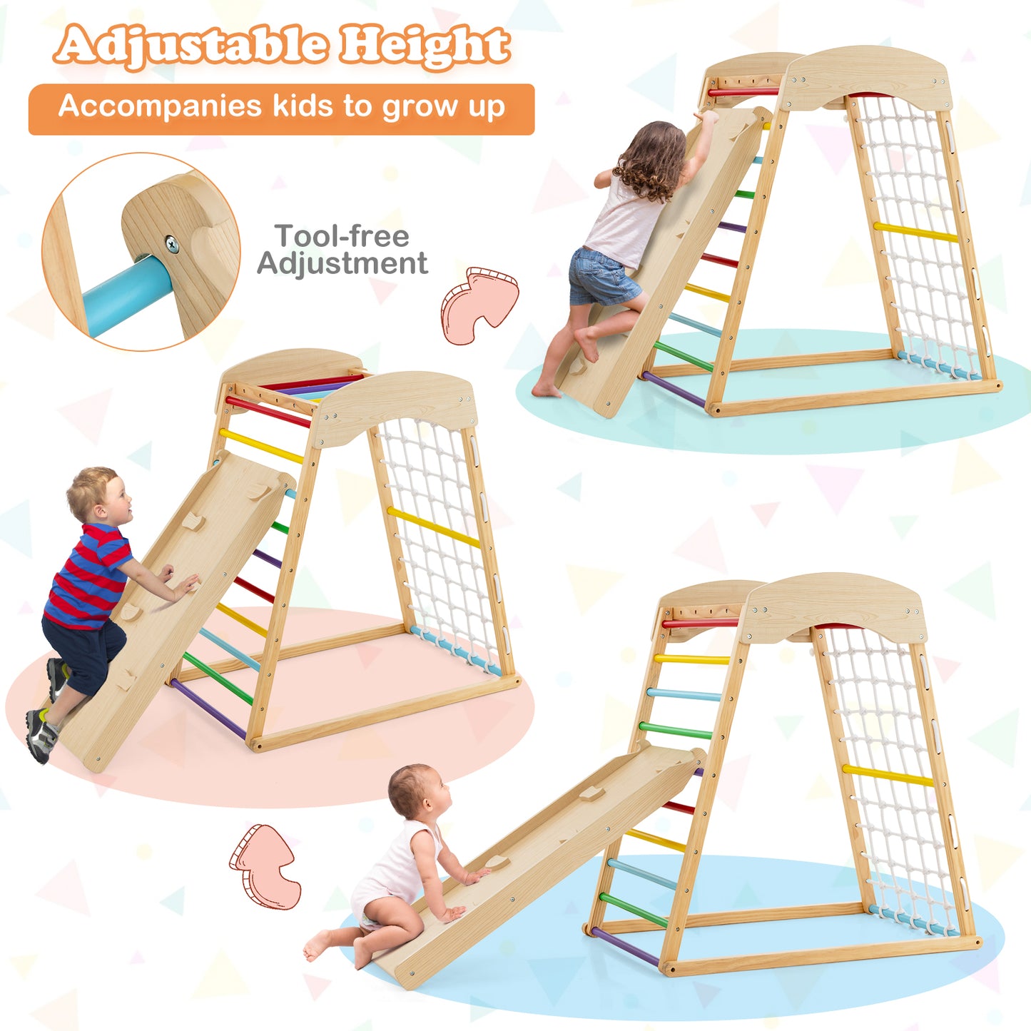 6-in-1 Jungle Gym Wooden Indoor Playground with Double-Sided Ramp and Monkey Bars-Multicolor Kids Crystal