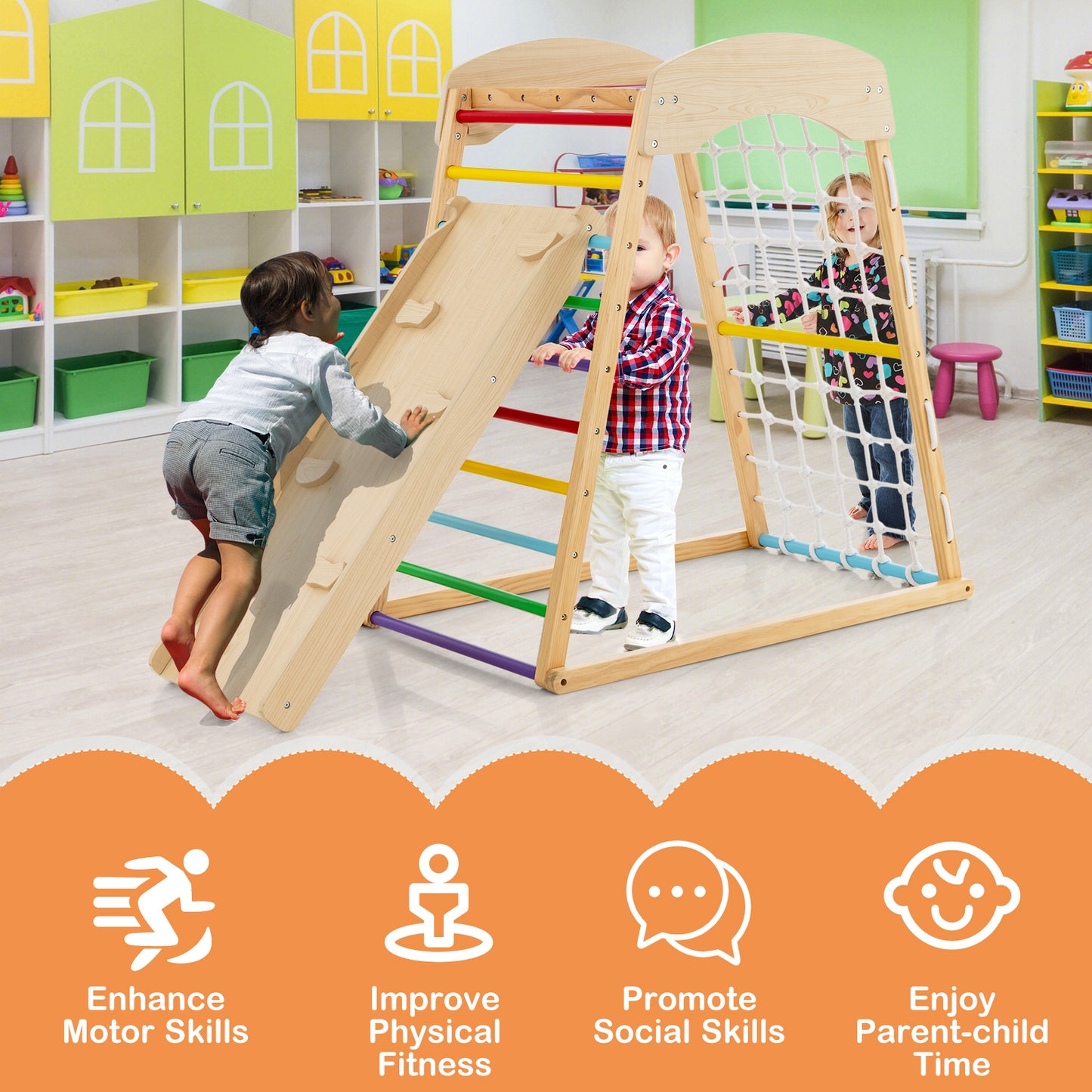 6-in-1 Jungle Gym Wooden Indoor Playground with Double-Sided Ramp and Monkey Bars-Multicolor Kids Crystal