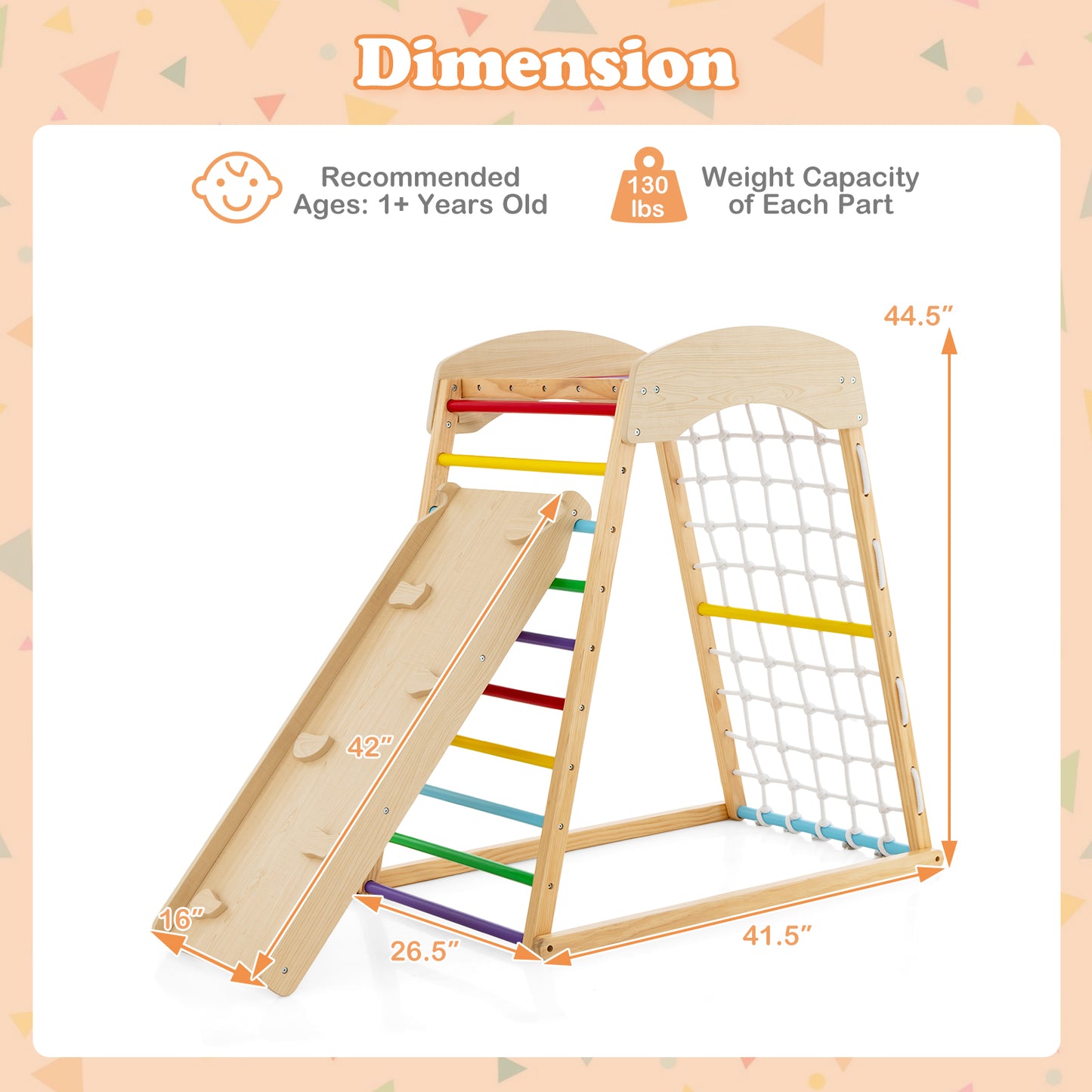 6-in-1 Jungle Gym Wooden Indoor Playground with Double-Sided Ramp and Monkey Bars-Multicolor Kids Crystal