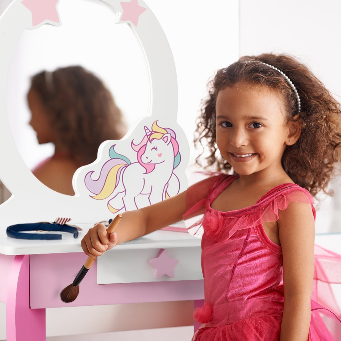 Kids Wooden Makeup Dressing Table and Chair Set with Mirror and Drawer-Pink Kids Crystal
